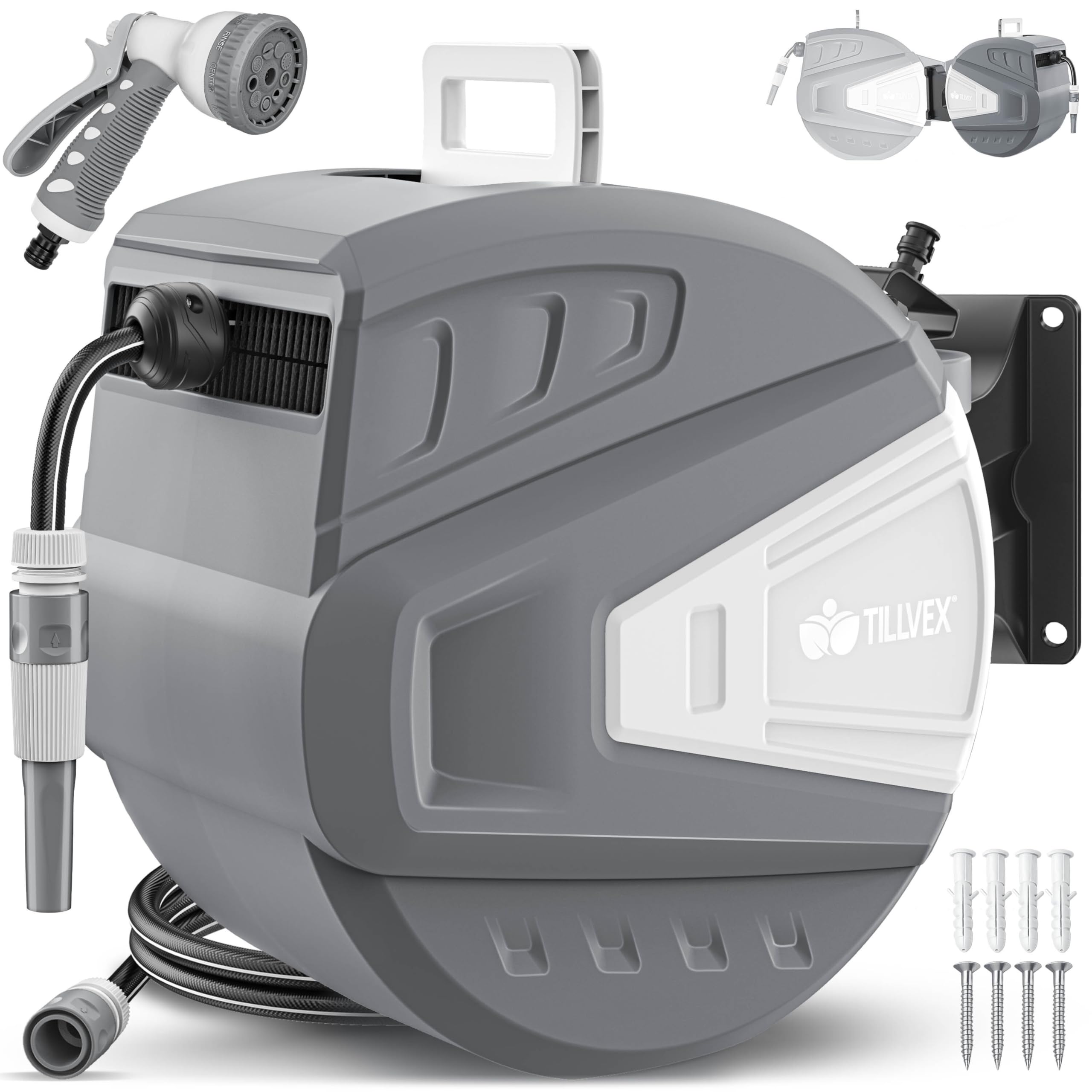 tillvex Schlauchtrommel Wasser mit Wandhalterung + Tragegriff | Schlauchaufroller mit Handbrause und Gartenschlauch | 180° Schwenkbar | Wand-Schlauchbox mit Aufroll-Automatik (Grau, 15m)