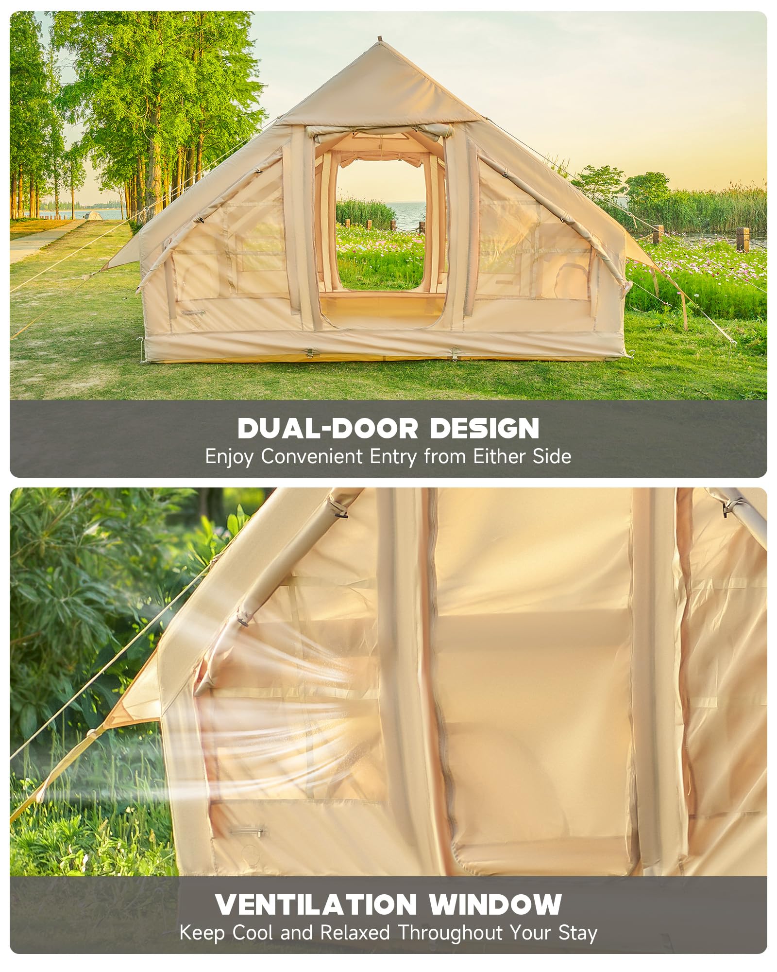 Dartmoor Inflatable Camping Tent, 4-6 Person Air Glamping Tent with Pump, Waterproof Blow Up Tent for Outdoor, 4 Season, Easy Setup, Dual Doors, Windows