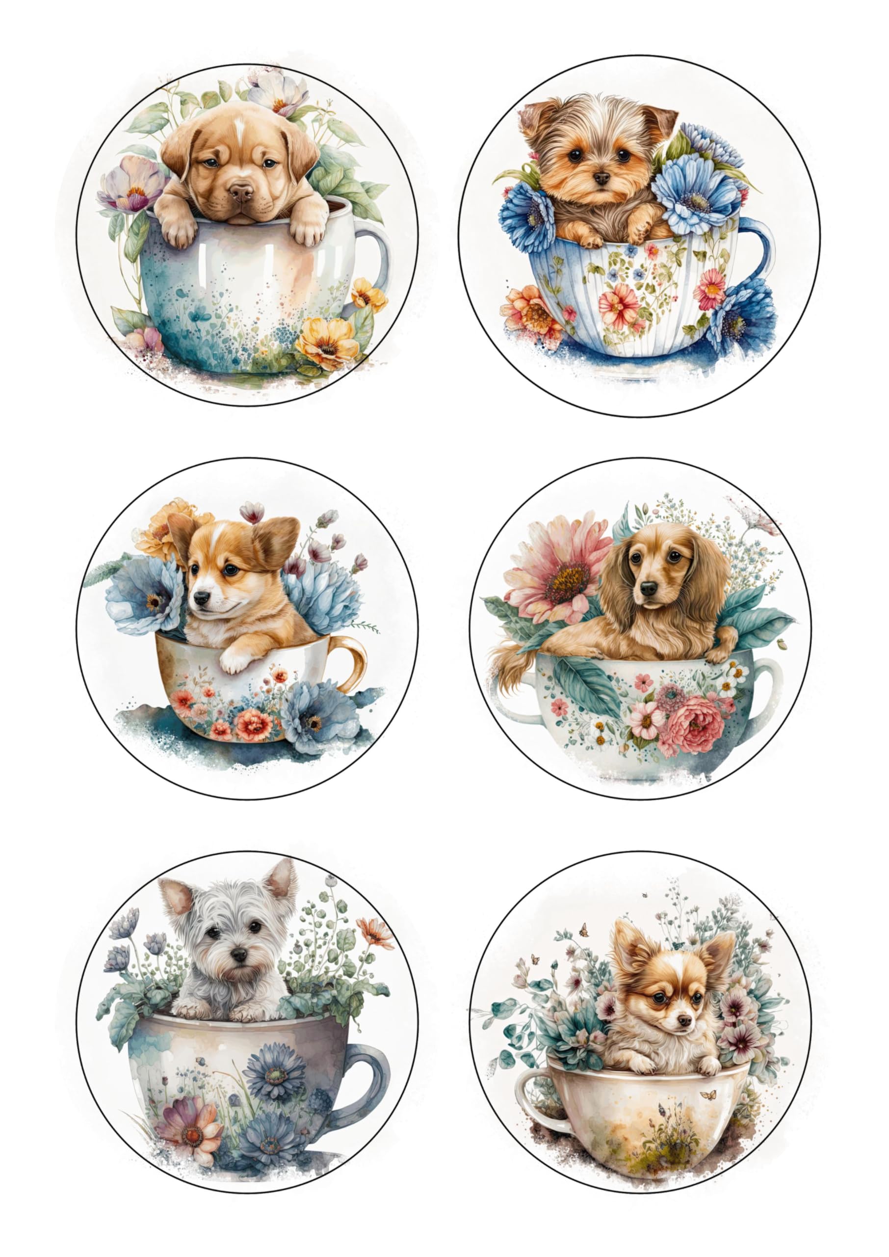 12 Teacup Puppies Dogs Selection - Card Making Toppers Self Adhesive Circles - Glossy Finish Medium 88mm (3.5 inches) Diameter - Pack of 12 (Two Sheets of 6)- Crafts Labels