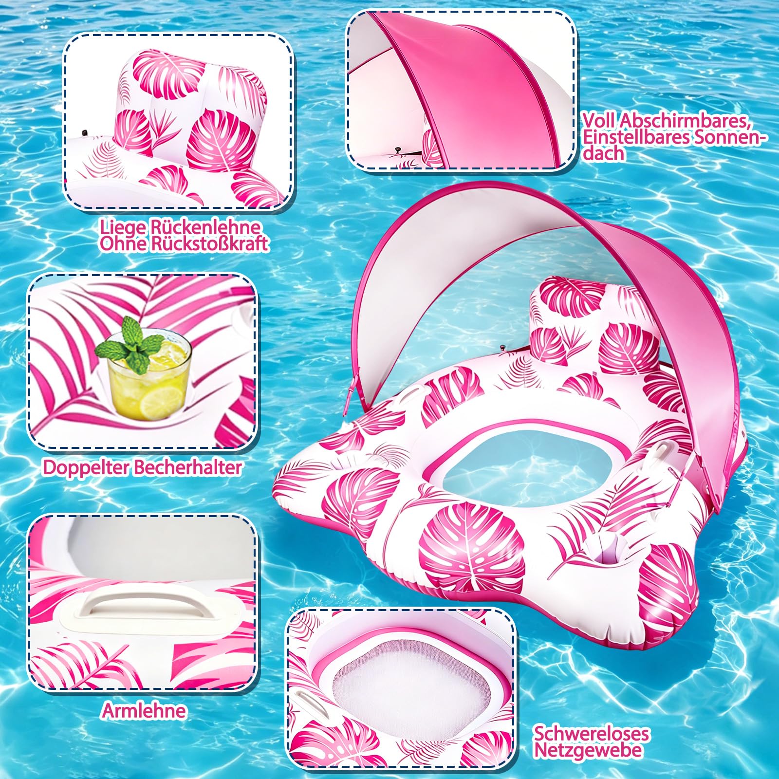 Tanning - Materasso ad aria per adulti, con tettuccio parasole regolabile, portabicchieri e braccioli, poltrona da nuoto per feste estive e spiaggia