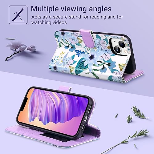 Miniatura 10 de ULAK Funda de piel sintética compatible con iPhone 14 tipo cartera para mujer, diseño floral con soporte para tarjetas, función atril, funda