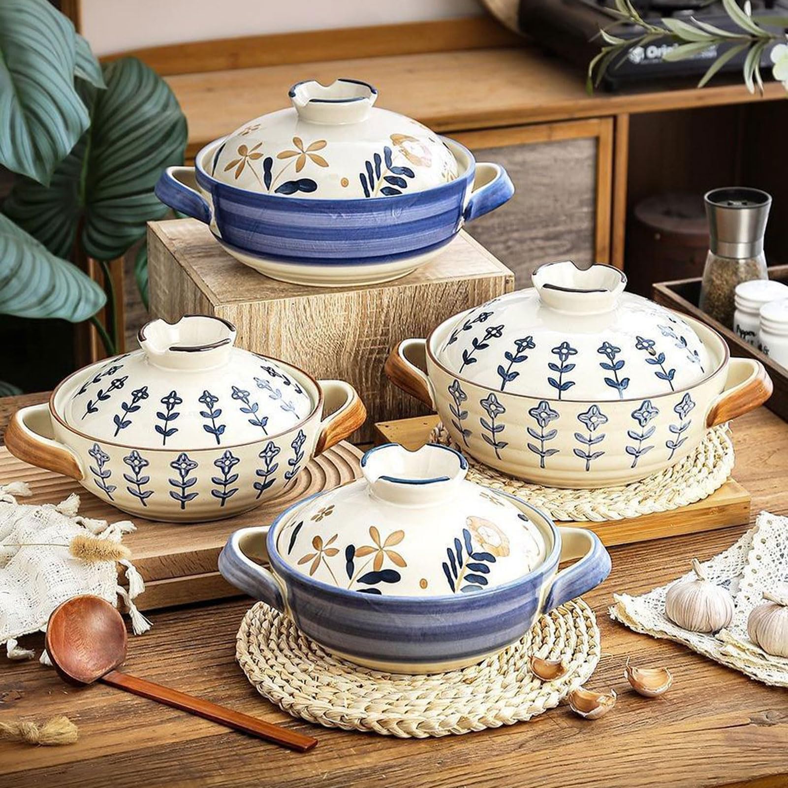 Keramikauflauf, Handgefertigter Keramiktopf für Reisgerichte, Langsames Garen, Suppen, Keramik Kochtopf mit Deckel für Eintopf, Hotpot, Familienküche Zuhause (A 1.5L)