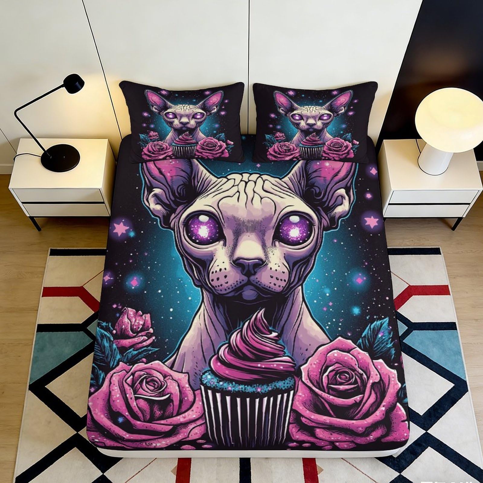 Pnayamiorkfel Style-10 3D Printed Fantasy Cat Fitted Sheet Microfiber Soft Rose Cupcake Bed Cover For Bedroom Guest Room Decor Protection 90X200x25cm