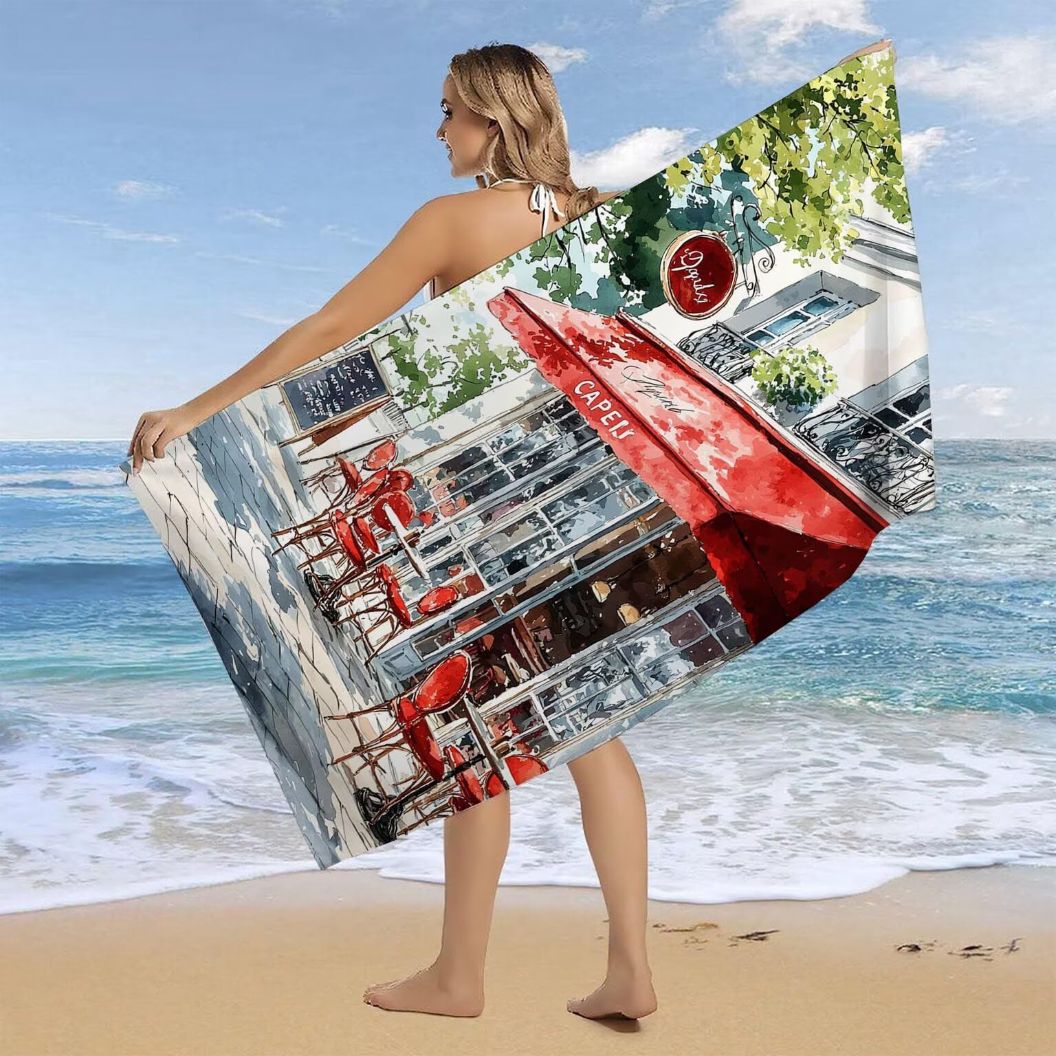 Strandtuch XXL 2er Set 80 x 160 cm, Groß Schnelltrocknendes Mikrofaser Handtuch, Sandfrei Badetuch, Summer Must Haves, für Damen Herren Reise Urlaub Schwimmen Sauna, mit Tasche (Cafés) B-546