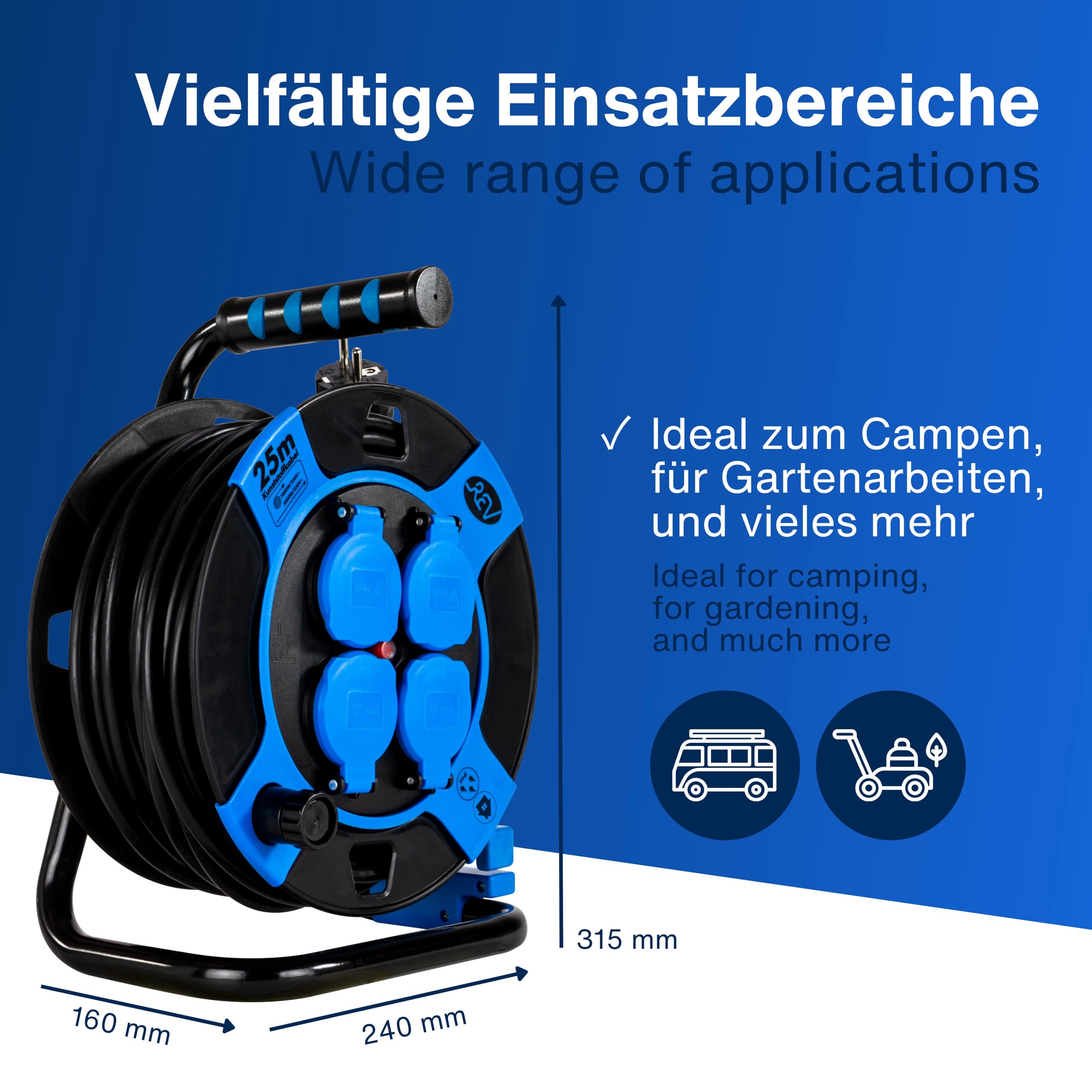 REV 0010105812 base múltiple 25 m 4 salidas AC Exterior Negro, Azul - Bases múltiples (25 m, 4 salidas AC, Exterior, IP44, 1,5 mm², Negro, Azul)