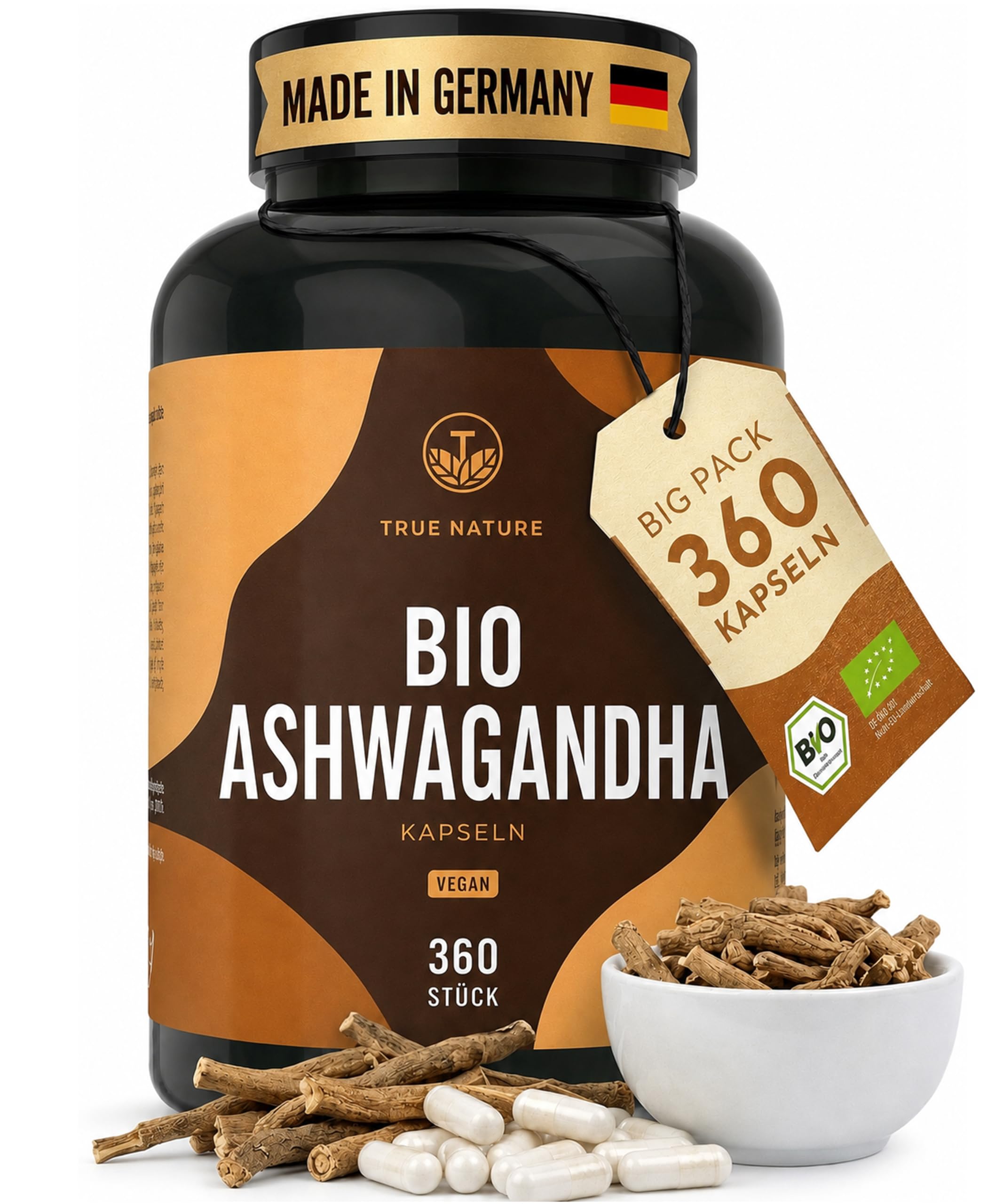 Ashwagandha Bio - 360 Kapseln - Bio Ashwagandha Kapseln hochdosiert - 2600mg - reines Wurzelpulver mit naturbelassenem vollem Nährstoffprofil (nicht extrahiert) - Indische Schlafbeere - TRUE NATURE