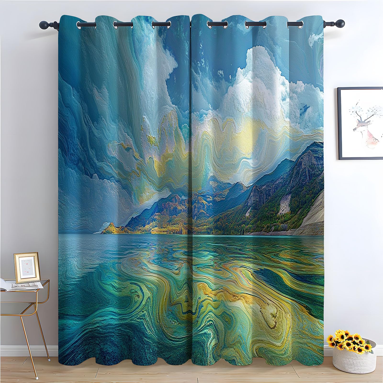 WQBQKKX Abstract Line Curtains for Living Room Bedroom Mountain Textured Farmhouse Curtains Leaf Printed Eyelet Rustic Drapes Window Treatment-52 W x 96" L (Pack of 2)