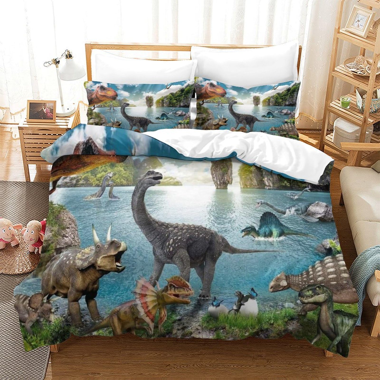 Housse de couette dinosaures lit double 220x240 pour lit enfant facile à fermer
