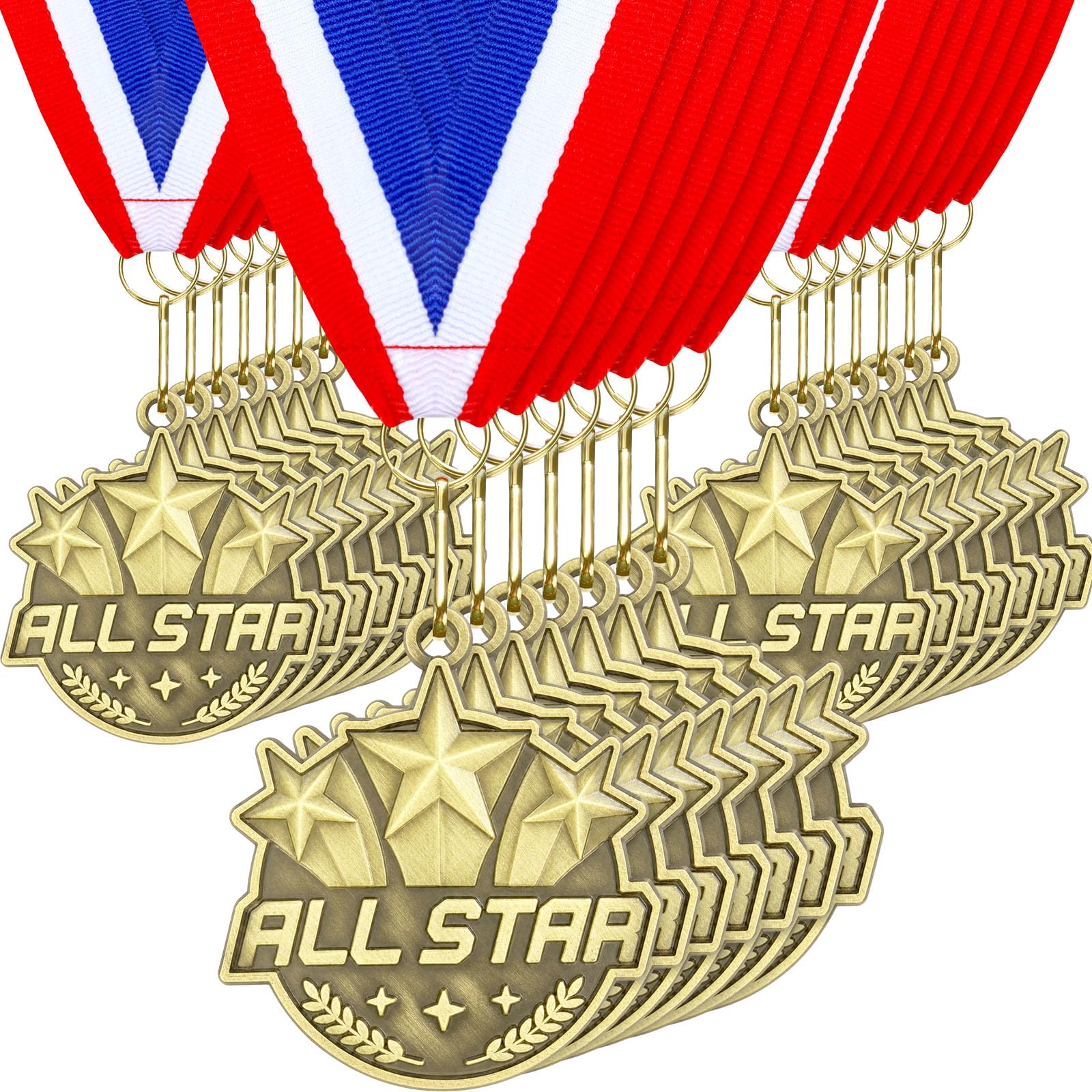 Quelay 30 medallas de premio de 2 pulgadas, medallas de oro a granel con cintas para el cuello, trofeo de metal, regalo para torneos, competiciones, fiestas, niños y adultos (All Star)