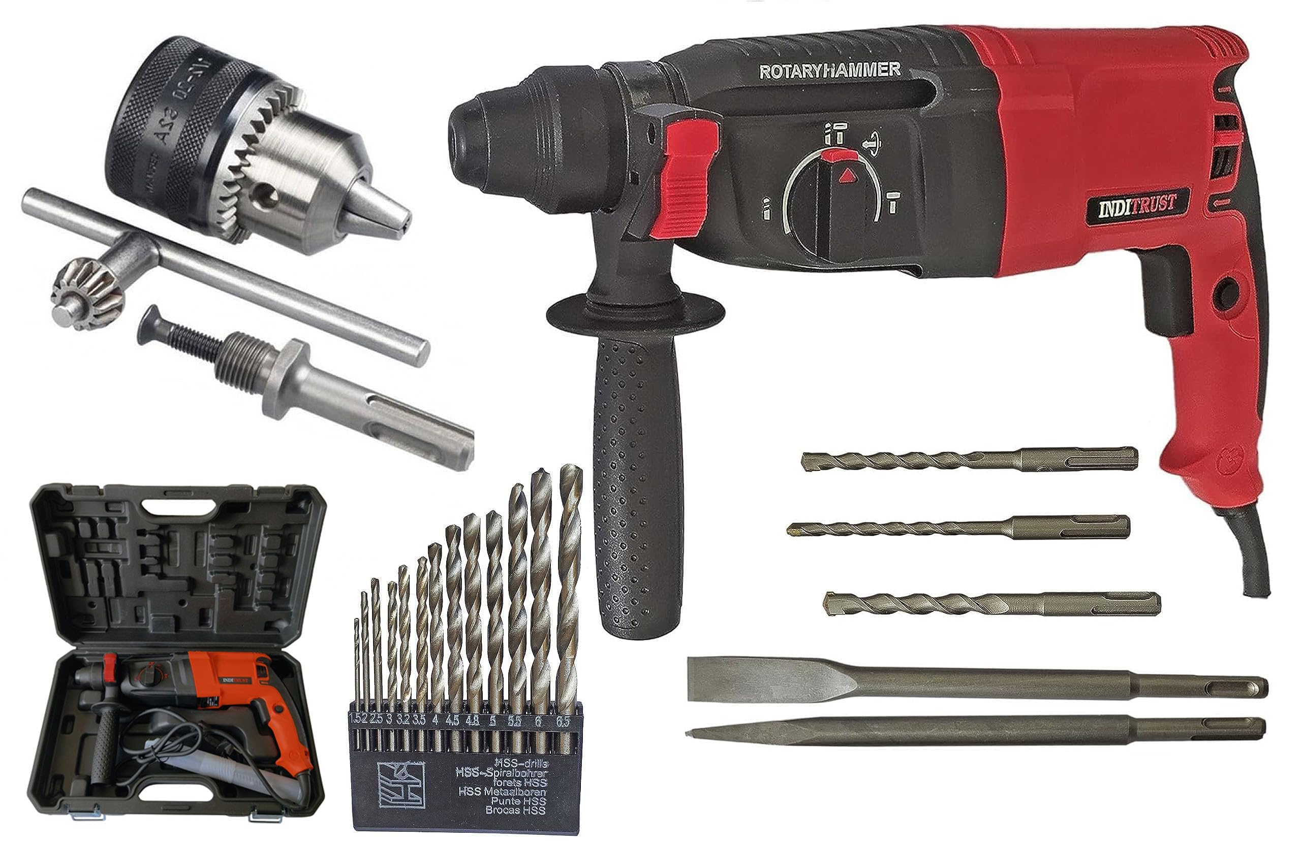 Inditrust New 1250W 26mm hammer drill with SDS drill bits chisels and 13pc HSS drill bit set (RED) 100% Copper Winding (B0CFVMVNX8) Amazon Price History, Amazon Price Tracker