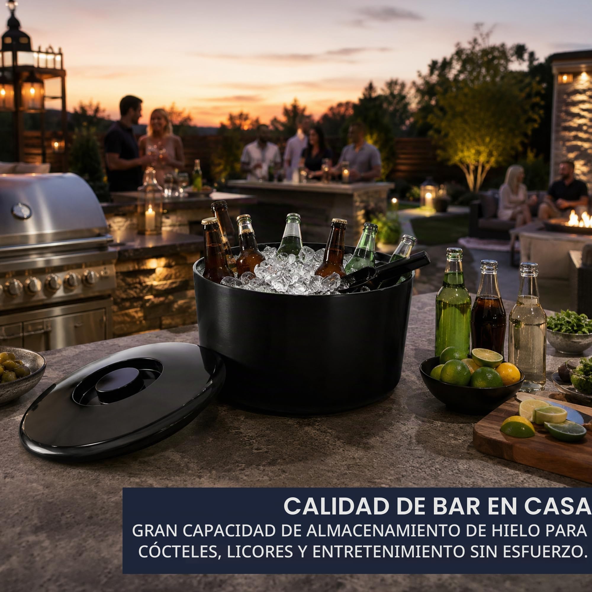 Chabrias Ltd Cubitera de 10 litros con Tapa y Rejilla de Drenaje Extraíble, Recipiente Grande de Plástico sin BPA para Hielo, Fiestas, Bar, Barbacoas y Eventos, Negro