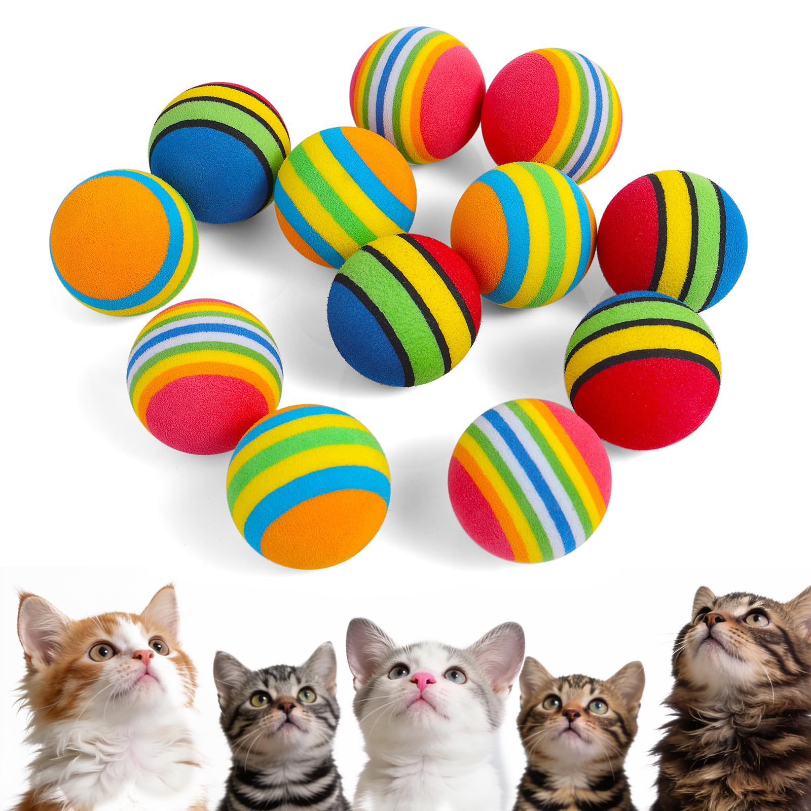 DOPENSPI 12 PCS Rainbow Cat Toy, Large 3.5 CM Cat Toy Balls Puff Toys Interactive Ball for Cats and Kitten Play Sport Chase Training Exercise