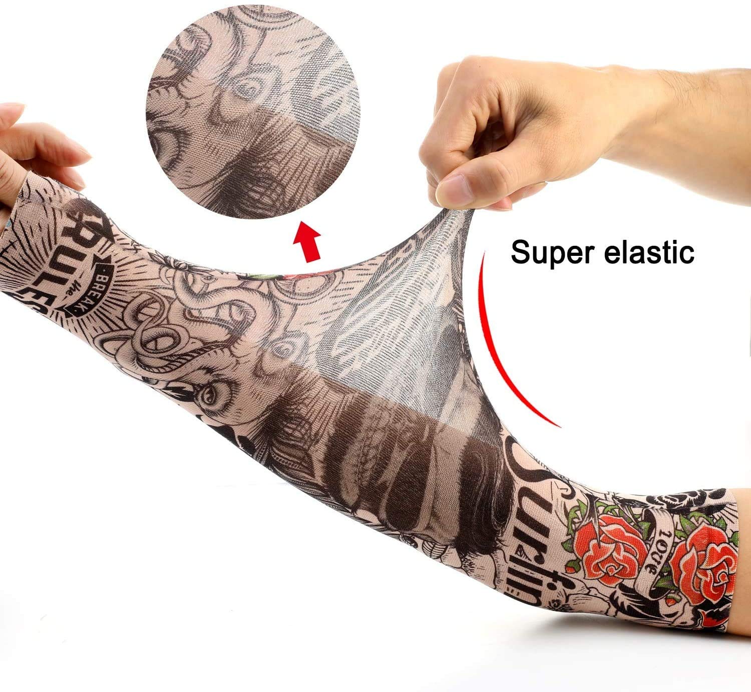 Manchons de Tatouage,6 Pack Hommes Faux Bras Faux Tatouages Temporaire Manches en Nylon Manches de Bras en Nylon Elastique Sleevelet pour Halloween Basketball Cyclisme Sun Block Unisexe 38CM