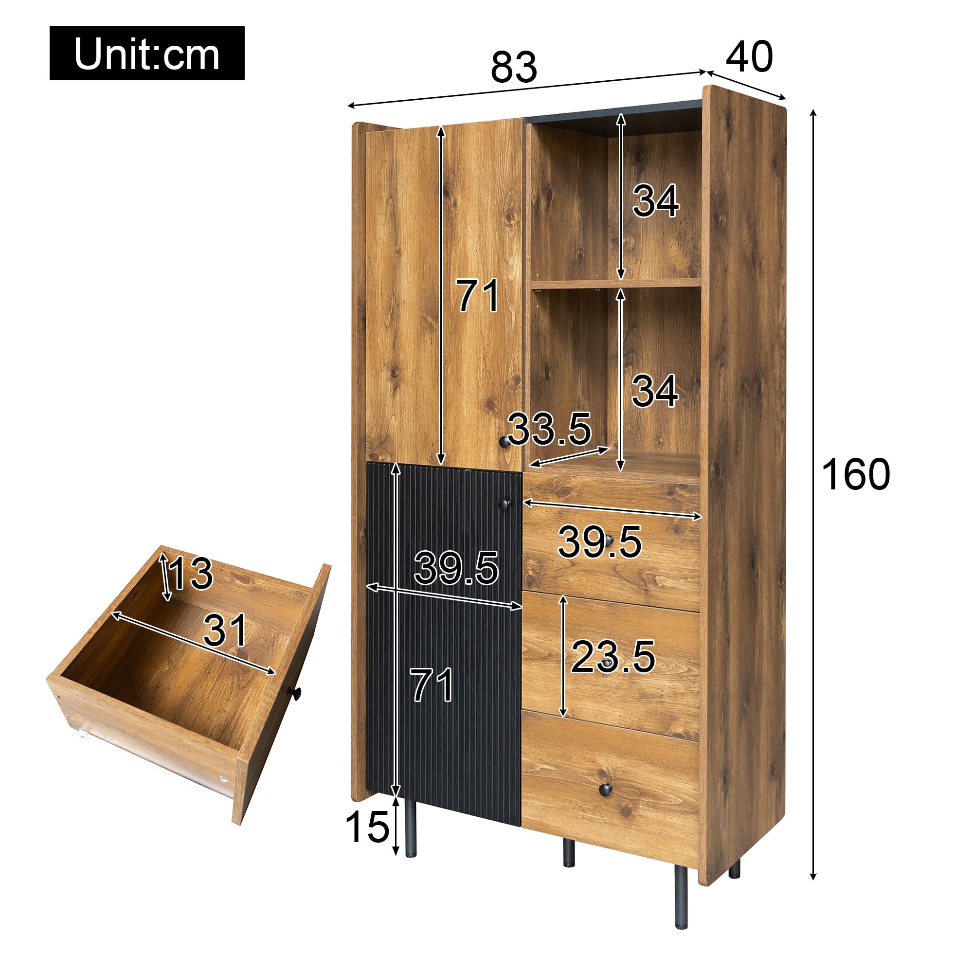 Credenza - altezza 160 cm, moderna credenza con due ante, TRE cassetti e scaffali aperti