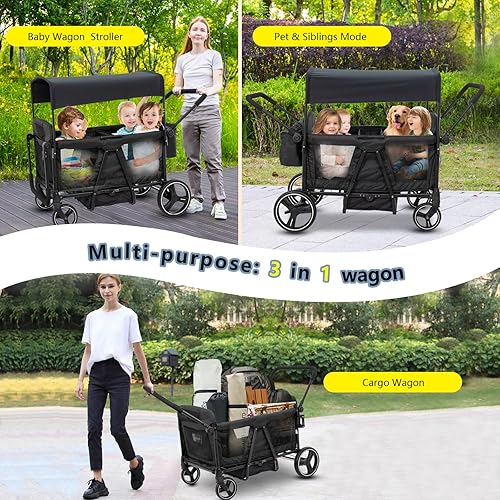 Miniatura 3 de Cochecito para 2, 3, 4, niños, 4 plazas, todo terreno, vagón de bebé, plegable, ligero, con arnés de 5 puntos, toldo, bandeja de aperitivos para