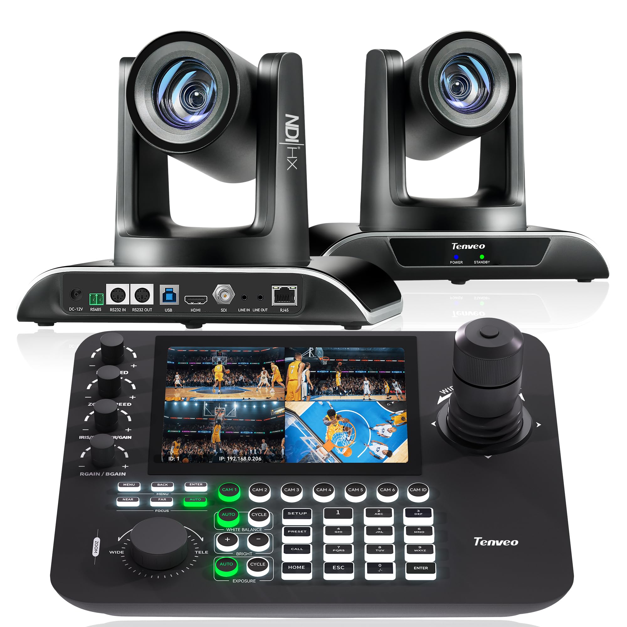 Tenveo NDI PTZ Camera AI Auto Tracking SDI/HDMI/USB3.0/LAN(PoE) 30X Optical+8X Digital Zoom(*2) and 7’’ LCD Quad-Screen NDI PTZ Joystick Controller Bundle/Kit for Church Service Worship Live Stream