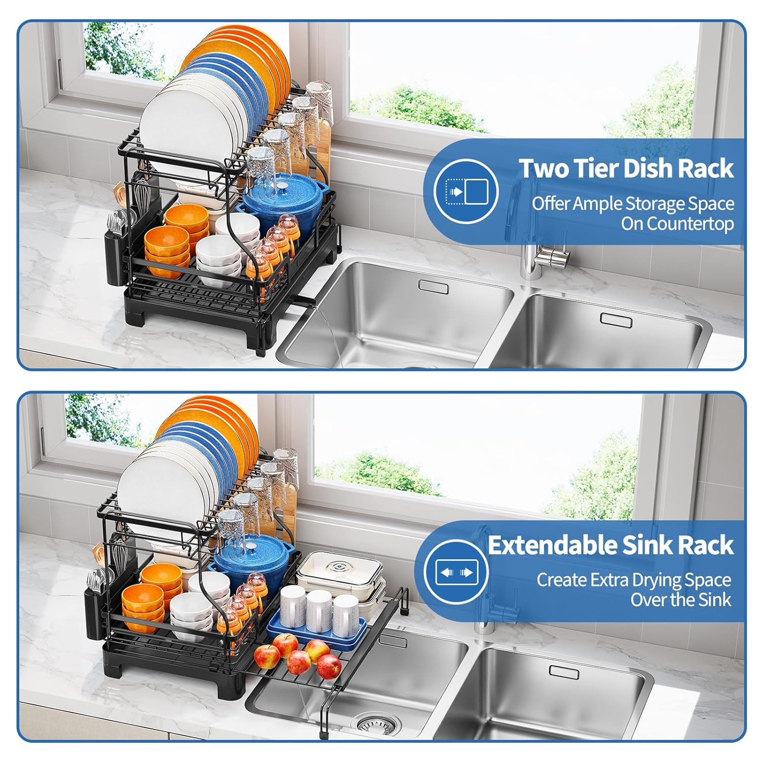 TOOLF Extendable Dish Drying Rack, 2-Tier Dish Rack for Kitchen Counter, Large Expandable Dish Drainer Over Sink, 3 in 1 Multifunction Dish Strainer with Drainboard & Cups Holder, Black