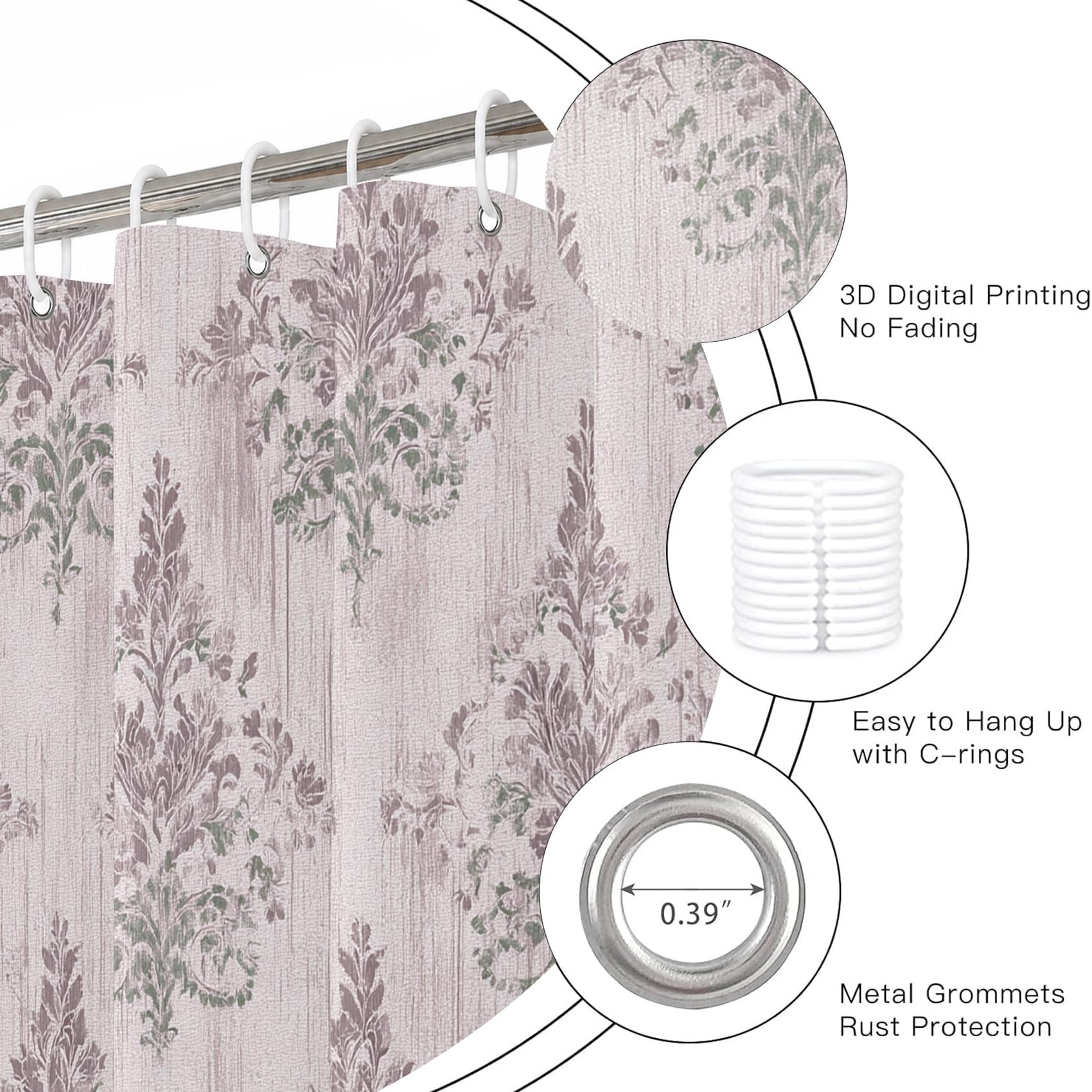 Rideau de Douche Motif Floral Damassé Lavande, Rideau de Baignoire Style Champêtre Français, Tissu Polyester Hydrofuge Lavable Décoration de Salle de Bain avec Crochets, Shower Curtain 200 x 240 cm
