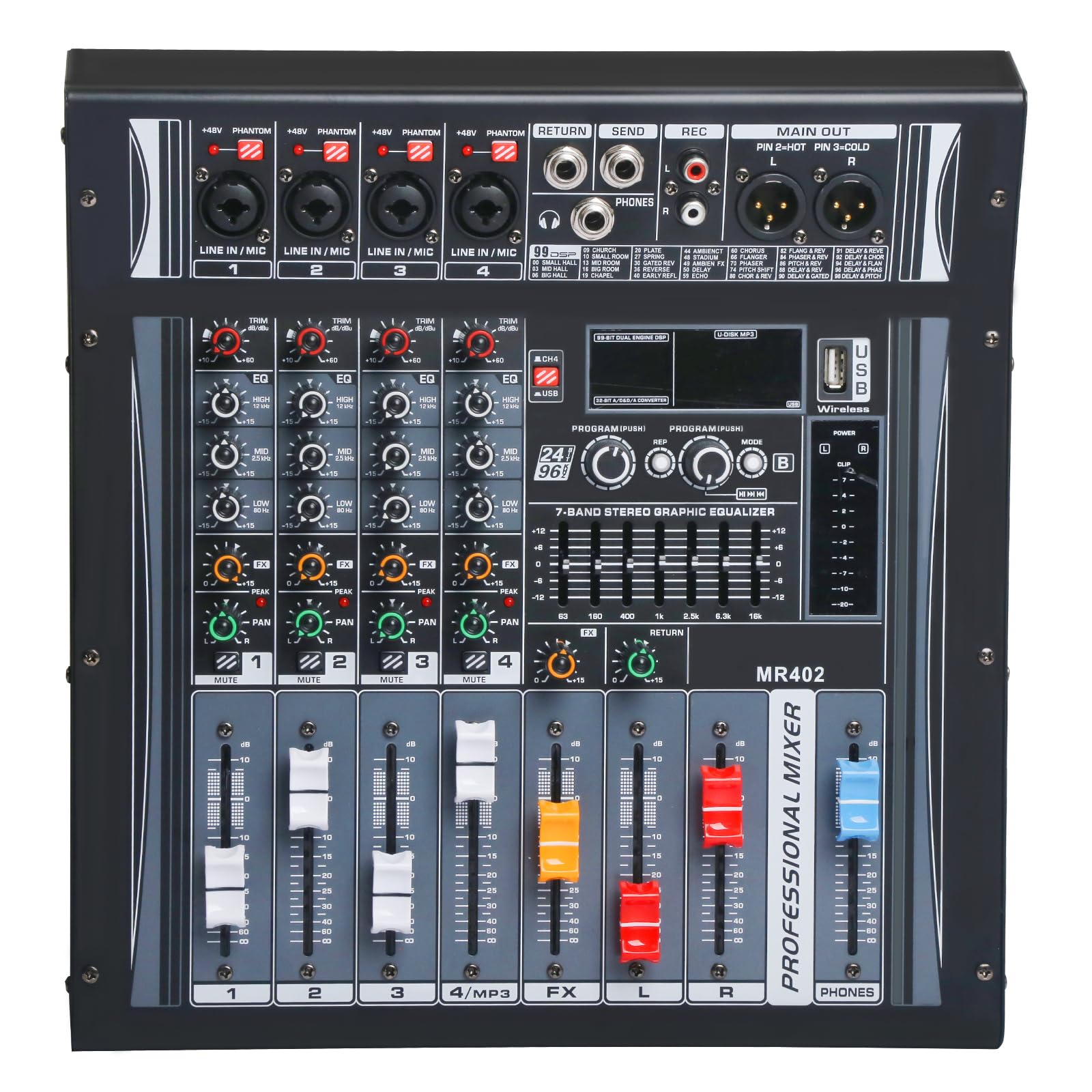 Mikser audio 4 kanały, płyta miksera DJ, wbudowany moduł wzmacniacza stereo 4 omy 2 x 300 W i zasilanie fantomowe 48 V, płyta miksera dźwiękowego z efektem opóźnienia pogłosu 99 DSP FX do