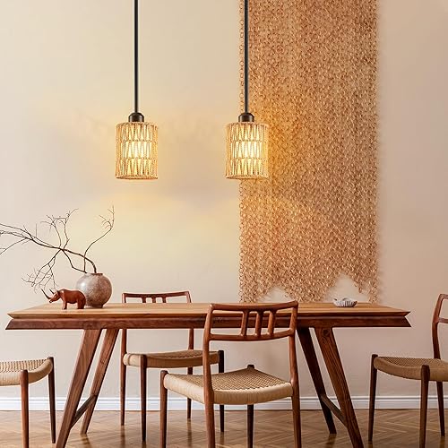 Miniatura 5 de Lámpara colgante bohemia - Pantalla 2 en 1 de ratán y lino, lámpara colgante ajustable para isla de cocina, comedor, granja, dormitorio (paquete de