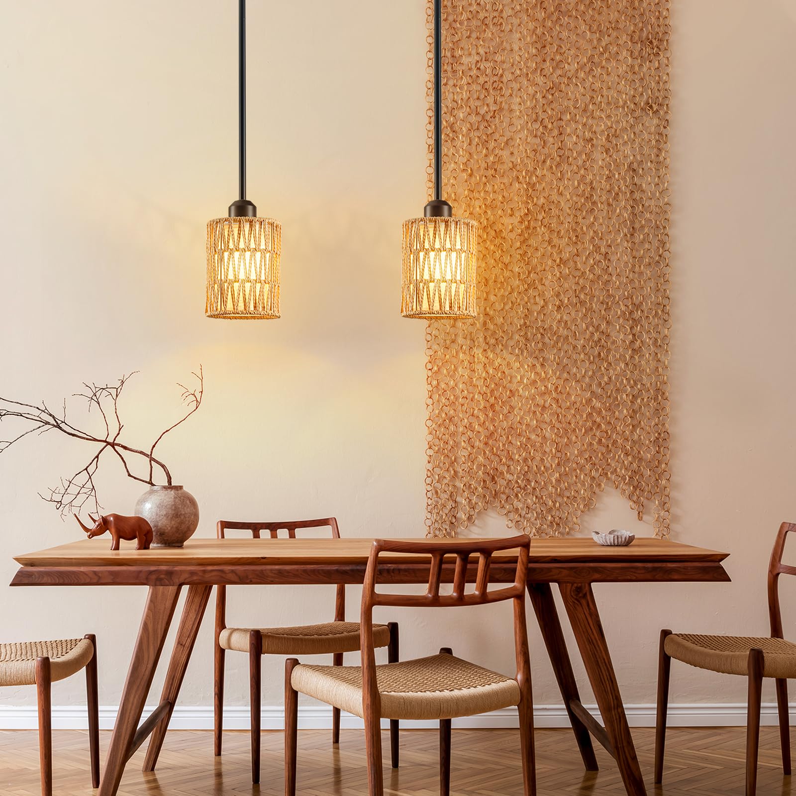Lámpara colgante bohemia, luces colgantes de ratán con 2 en 1 lino y pantalla tejida, lámparas de techo para isla de cocina, comedor, granja, dormitorio (1 unidad) 5