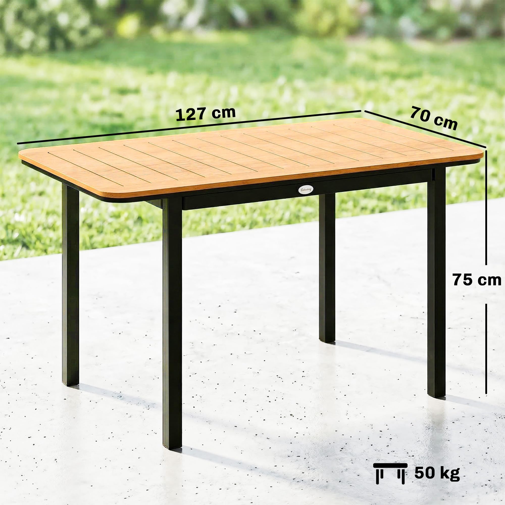 Outsunny - Mesa de jardín para 6 personas, madera compuesta, 127 x 70 cm, color marrón | Mesa de exterior rectangular, marco de metal, bandeja para láminas, muebles de terraza, para balcón y patio