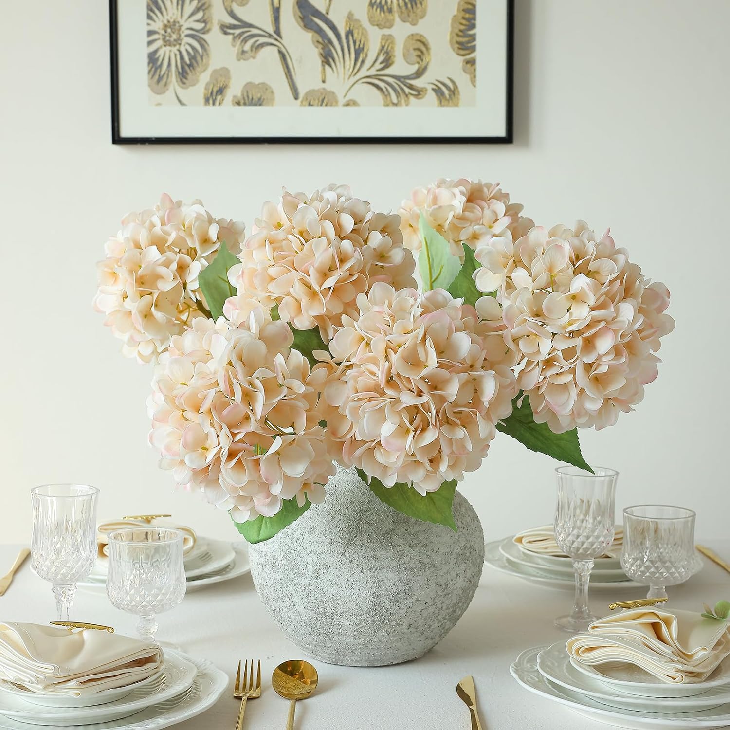 mizii 4Pcs Beige Artificial Hydrangea Flowers Large Fake Silk Hydrangea Flower with Leaves Stems Realistic Faux Hydrangeas Decorations for Wedding Table Centerpieces Vase Home Decor (Beige) - Image 3