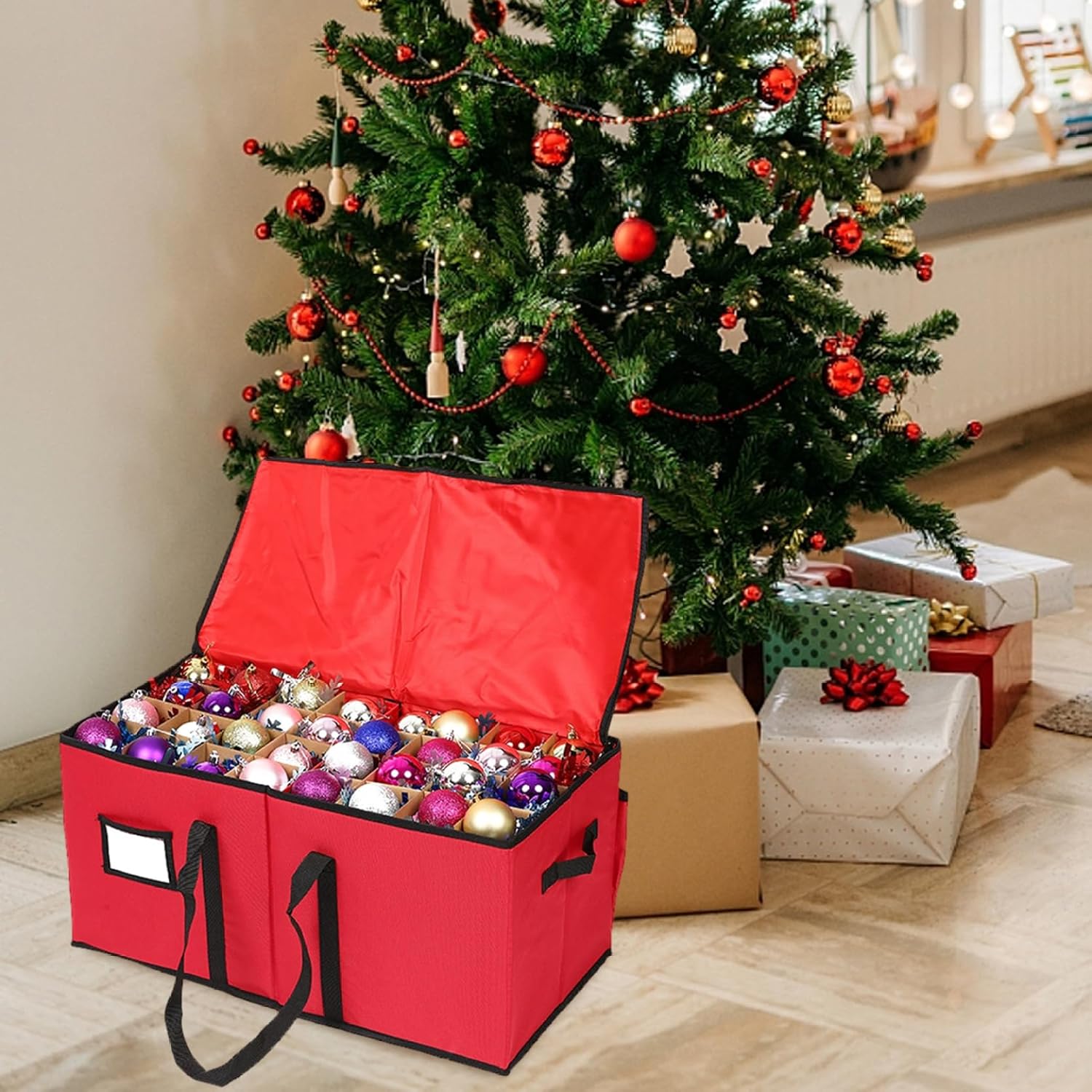 Christmas Ornament Storage Box with Dividers Oxford Cloth, Ornament Storage Box with Zippered Closure & Handle, 24x11.8x11.8, for Christmas Holiday