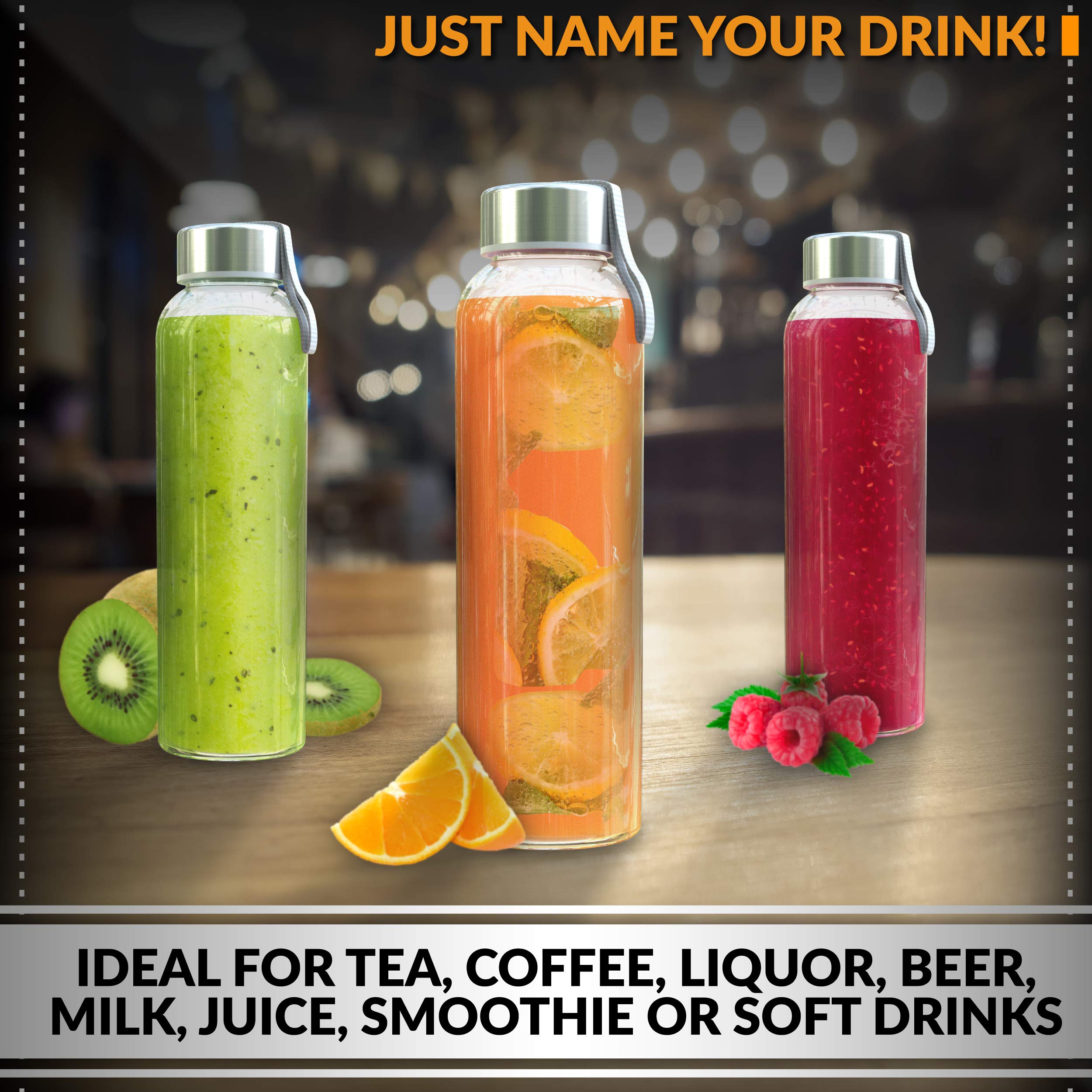 Chef's Star 18 Oz Glass Water Bottles, Glass Drinking Bottle with