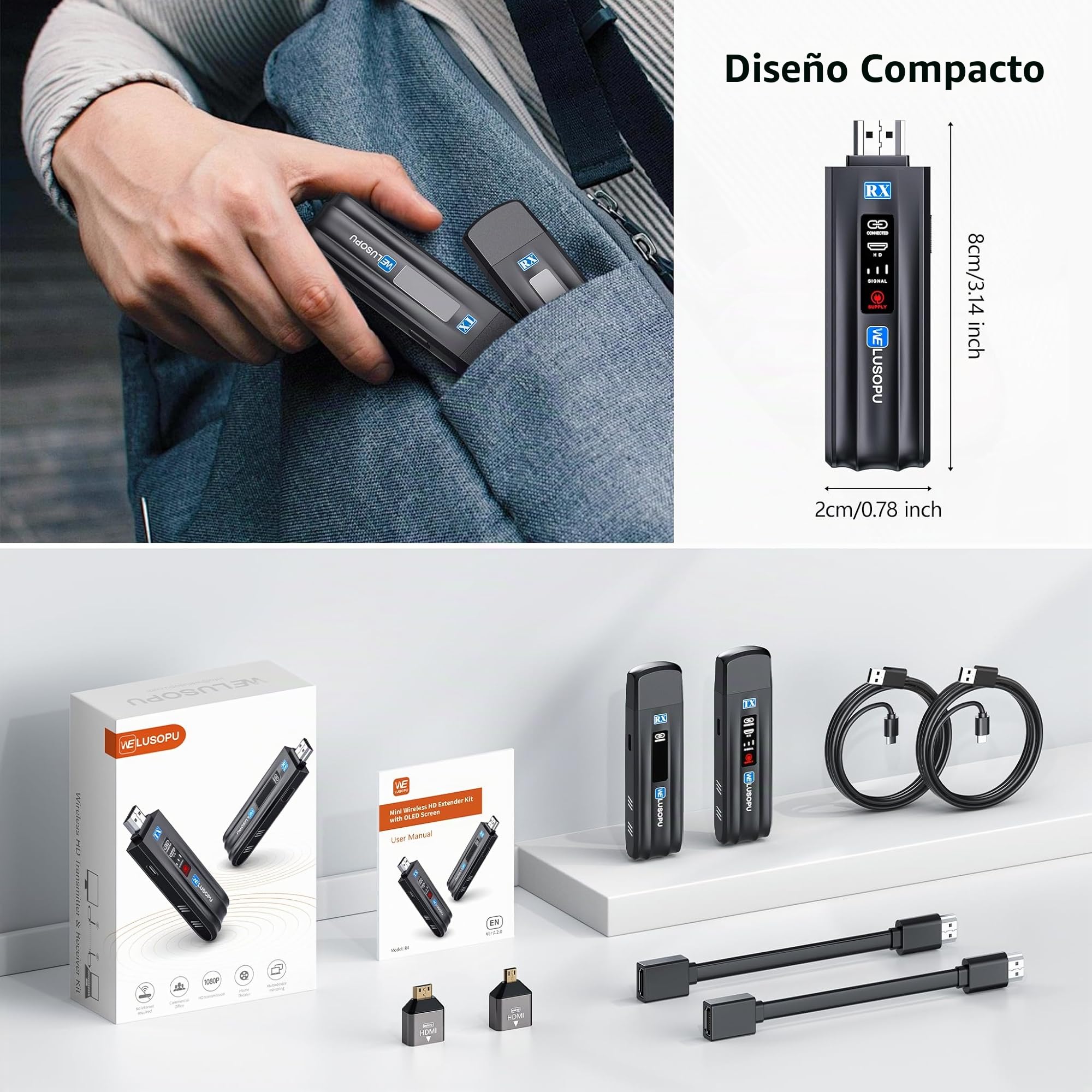 2026 Transmisor y Receptor HDMI Inalámbrico 5G con Pantalla LED Inteligente - Extensor 1080P 60 Hz, Rango de 165 Pies /50 M, Compatible con PC Portátil, Videocámara, TV Box, TV, Monitor y Proyector