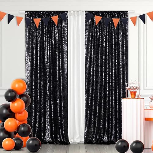 Miniatura 3 de Eternal Beauty Cortinas de telón de fondo de lentejuelas negras, 2 paneles de 3 x 7 pies para Navidad, fiesta, cumpleaños, fotografía, boda,