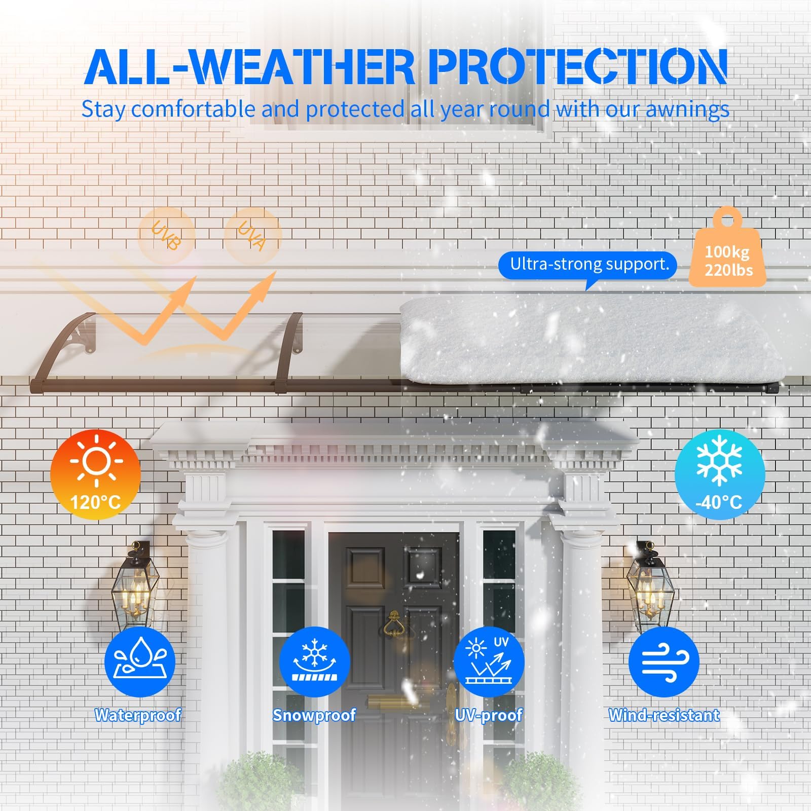 Vordach für Haustür mit separater Entwässerung, 200x80cm-Fenstervordach, Robuste Polycarbonat Pultvordach Überdachung für UV-, Regen- und Schneeschutz, ideal für Veranda
