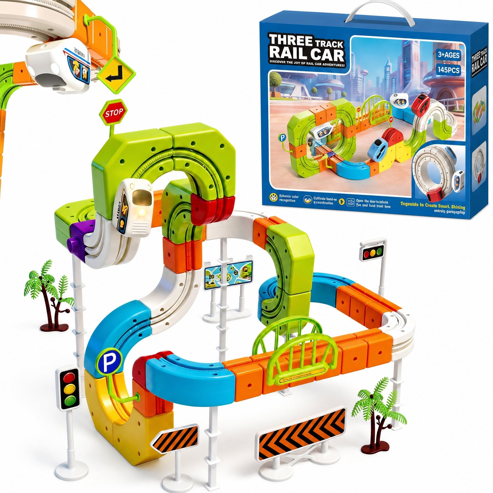 Zuquik Electric Train Set 145 Pieces, 3D Anti-Gravity Train Track with 3 Secure Rails, Type-C Rechargeable,STEM Trackfusion Train Toy, Construction Toy Train for Boys Girls Age 3+