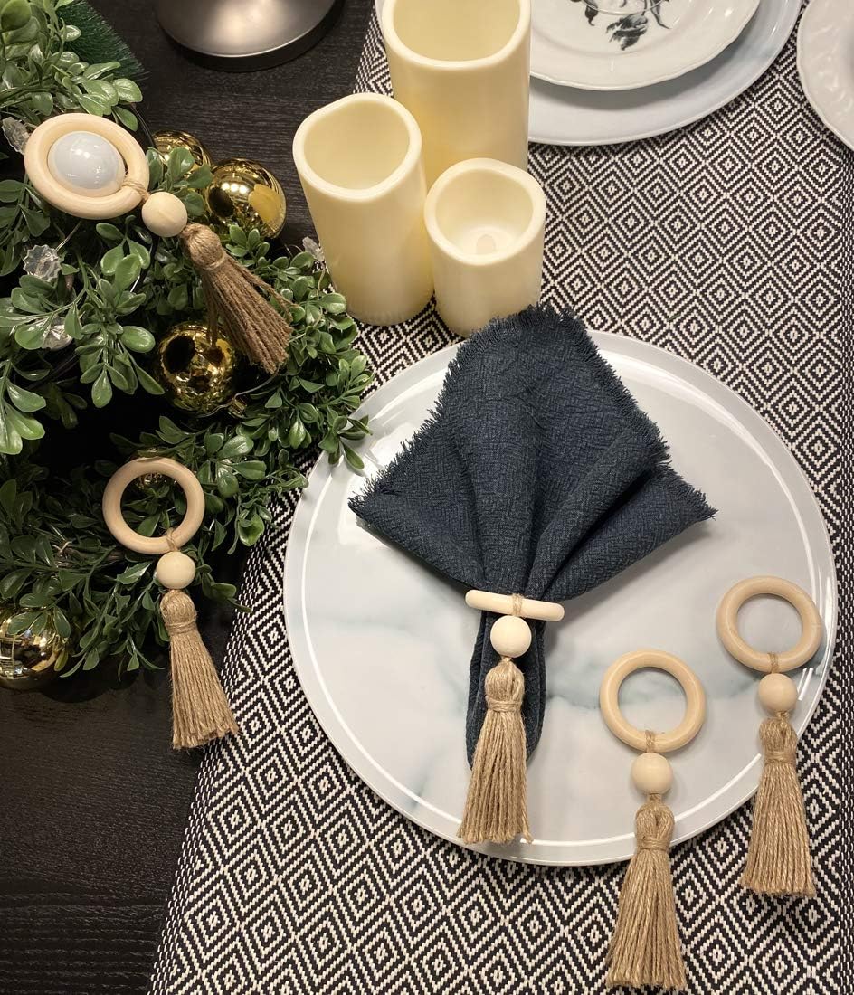 Kintyno Wooden Napkin Rings Buckles with Tassels-10 Pcs Handmade Serviette Buckles with Eco-Friendly Jute Twine,for Weddings Family Gatherings Party or Everyday Use Rustic Country Dining Table Decor : Home & Kitchen