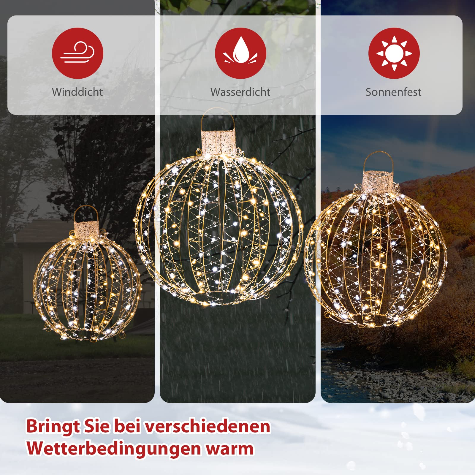 COSTWAY 3er Set LED Dekokugeln, Leuchtkugeln, Weihnachtsbeleuchtung für außen und innen
