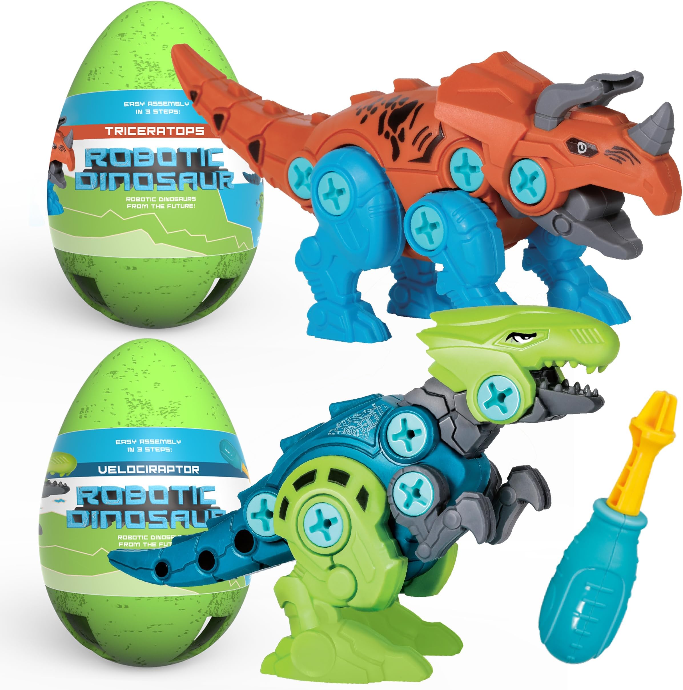 Building Dinosaur Robot Eggs for Toddlers โ T-Rex & Velociraptor Construction Toys with Moving Jaws & Tail, Creative Educational Playset for Kids 2-4 Years Old, Motor Skills & Imagination Development