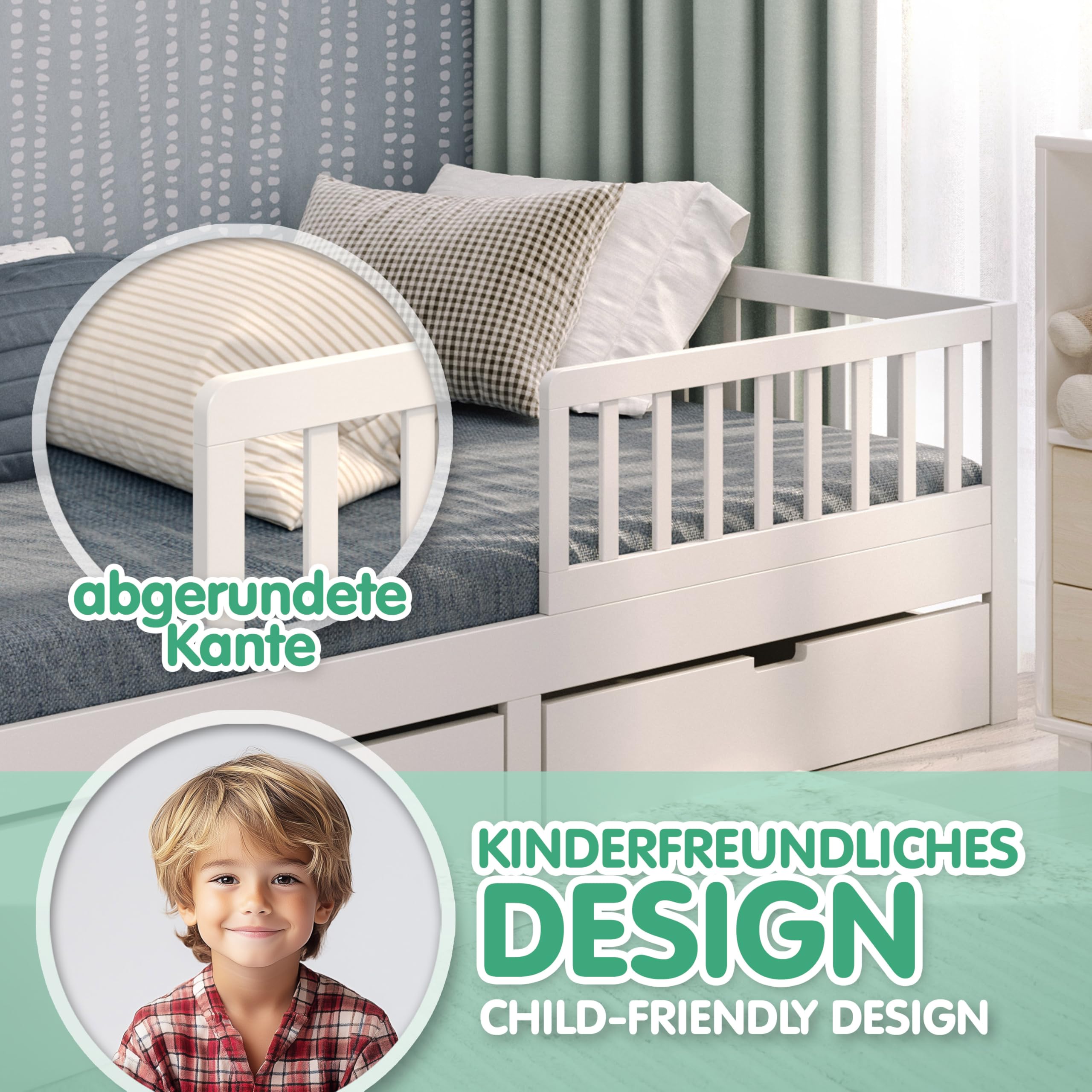 CADANI Nik Kinderbett 120x200 cm – Juniorbett & Jugendbett mit abnehmbarem Rausfallschutz, bis 200 kg belastbar, extra stabiles Einzelbett inkl. Roll-Lattenrost | bis 200 kg belastbar