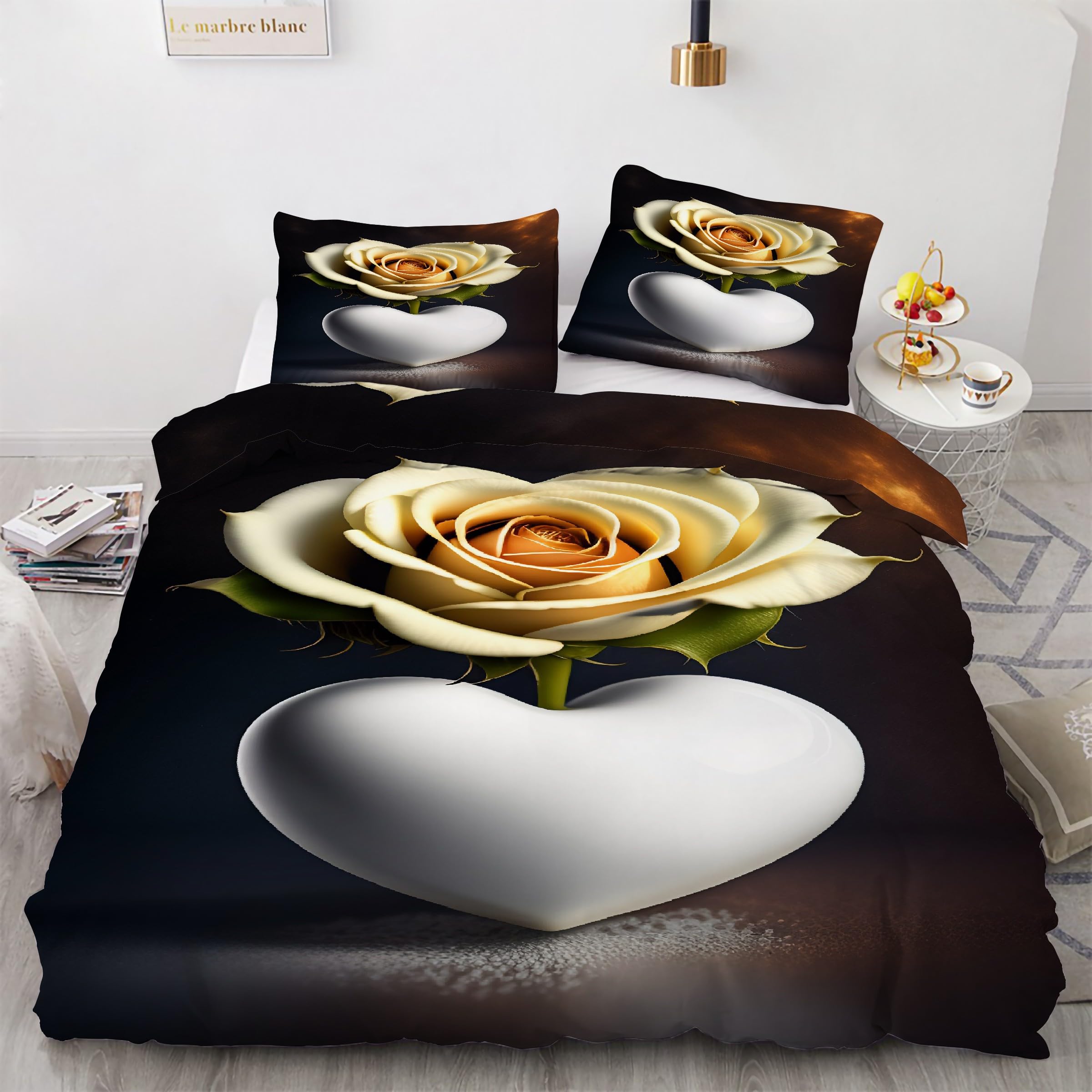 Housse de couette 200x200 coeur blanc et rose avec 2 taies d'oreiller