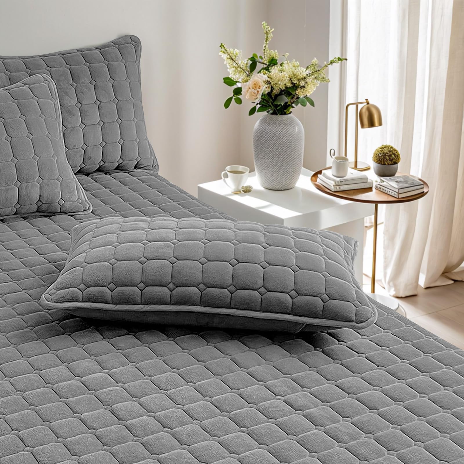 OKYUK Luxus-Samt-Bettwäsche-Set, Tagesdecke, Stepp-Bettwäsche-Set, Bettüberwurf oder Sofaüberwurf,mit 2 passenden Kissenbezügen, für alle Jahreszeiten（Dunkelgrau，230 * 250cm）