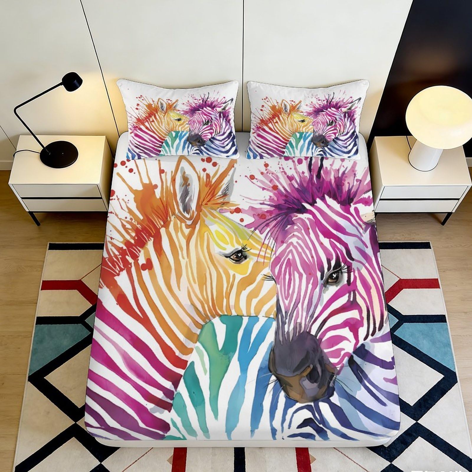 3D Printed Colorful Zebra Fitted Sheet Microfiber Soft Anti-Slip Rainbow Animal Bed Cover for Bedroom Guest Room Mattress Protection 90x200x25cm