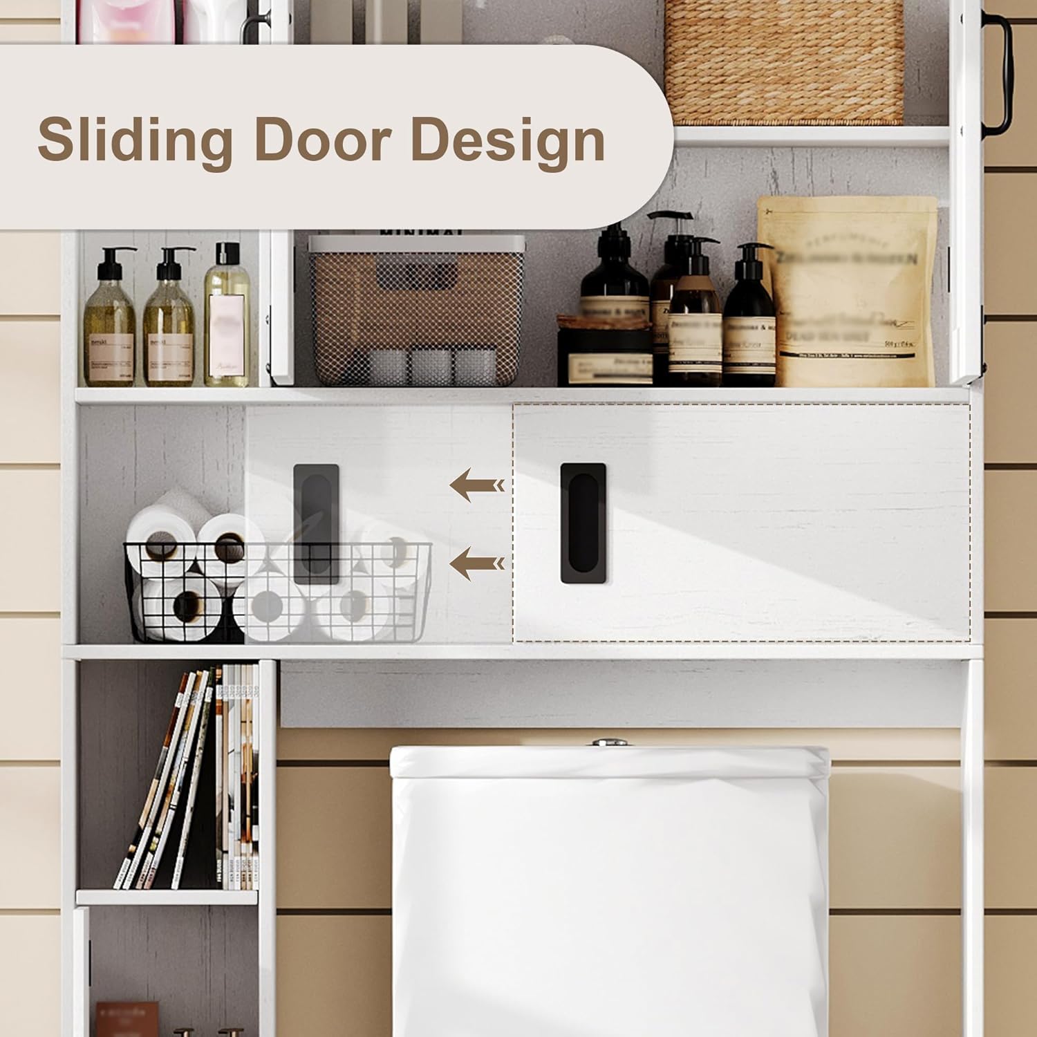 ChooChoo Over The Toilet Storage Cabinet, Farmhouse Bathroom Shelf Over Toilet with Adjustable Shelves, Above Toilet Storage Cabinet with Sliding Door for Bathroom, Laundry Room, Antique White