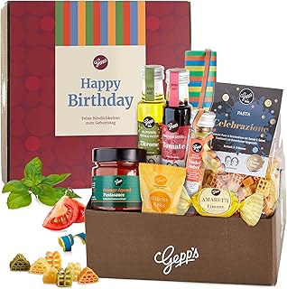 Gepp’s Feinkost Happy Birthday Geschenkkorb I Geschenkidee zum Geburtstag I Geschenkbox gefüllt mit italienischer Pasta, Pralinen, Luftschlangen, usw. I Geburtstagsgeschenk für Frau und Mann