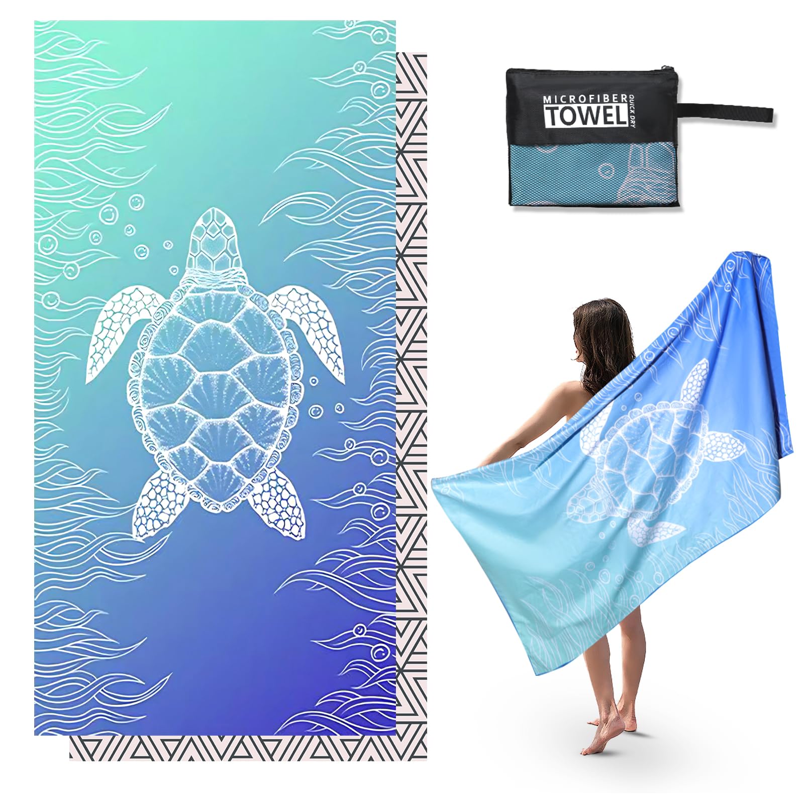 Anavasi 1 Pack Microfibre Beach Towels for Adults, 180 × 90 cm Quick Dry Beach Towel with Double Side Print, Lightweight Beach Towel with Net Bag, Sand Free Microfiber Towels for The Beach (Seagrass)