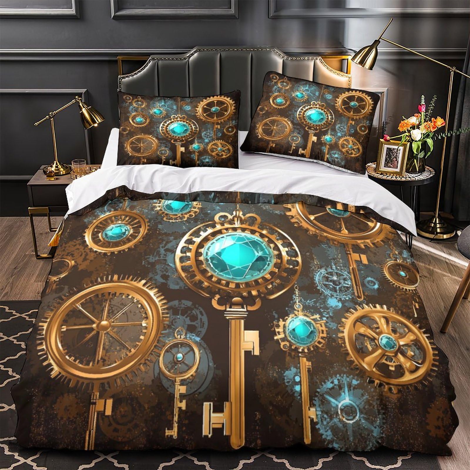 Engrenages steampunk 3D drap de couette vintage pour chambre de garçon