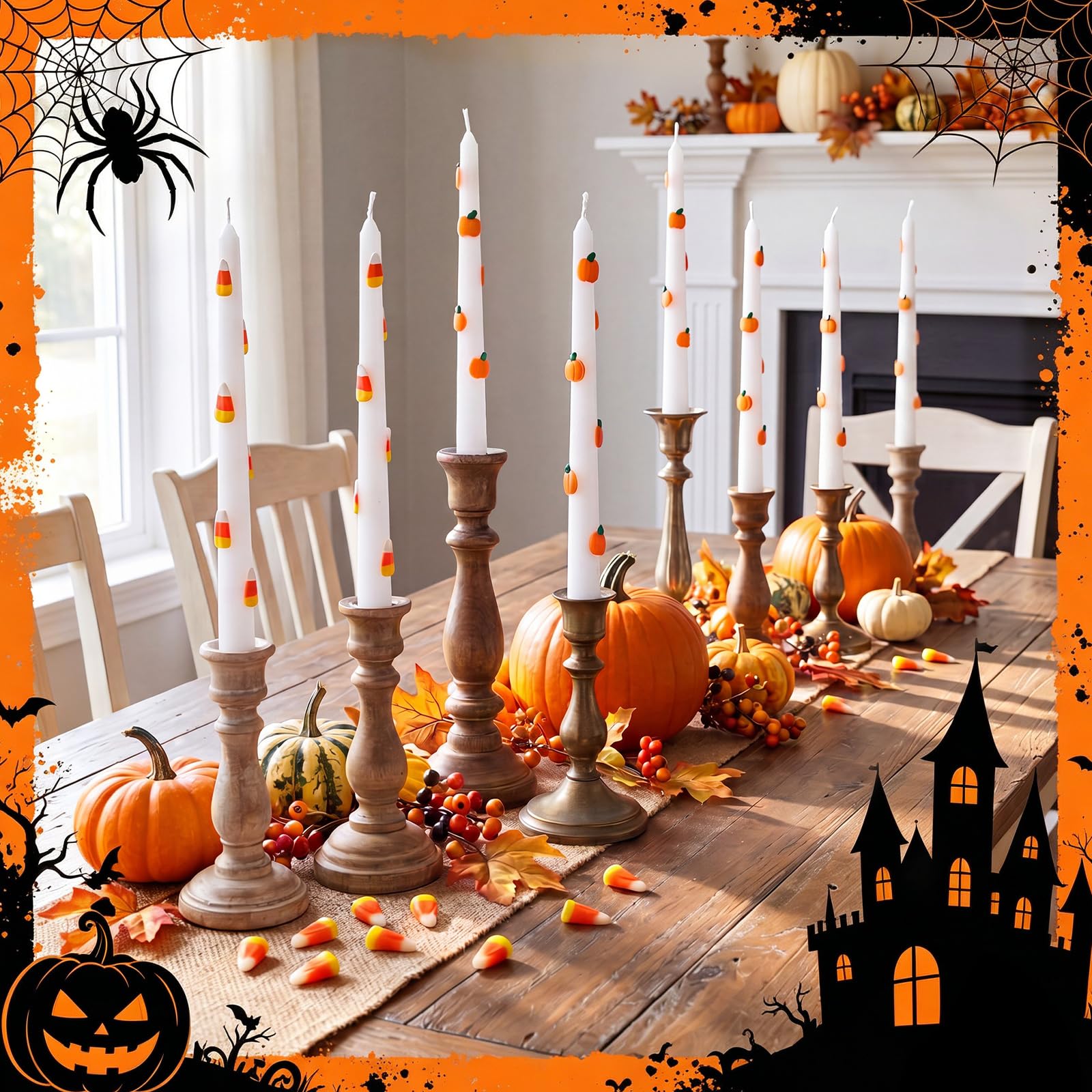 Lyrow Paquete de 8 velas con icono de Halloween espeluznantes velas perfumadas de caramelo de calabaza para decoraciones de Halloween, suministros de fiesta, decoración del hogar, regalos (caramelo de