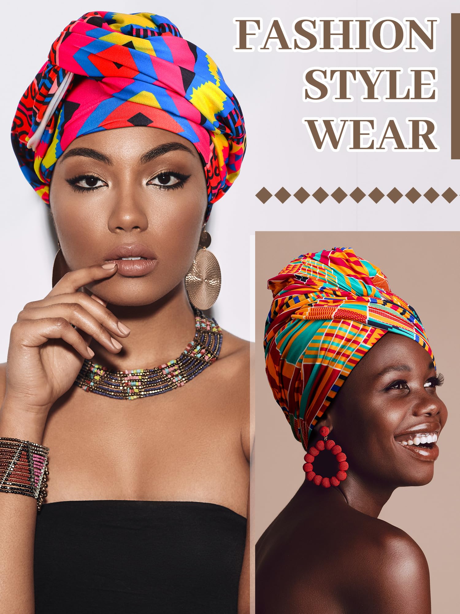 Afrikanischer Schal für Damen, Kopfbandagen für schwarze Frauen, Stretch-Turbane, Jersey, Hijab, Schal, Haarband, leicht, 4 Stück, Einfarbig, gedruckte Farbe, about 35 x 70 inches/ 90 x 180