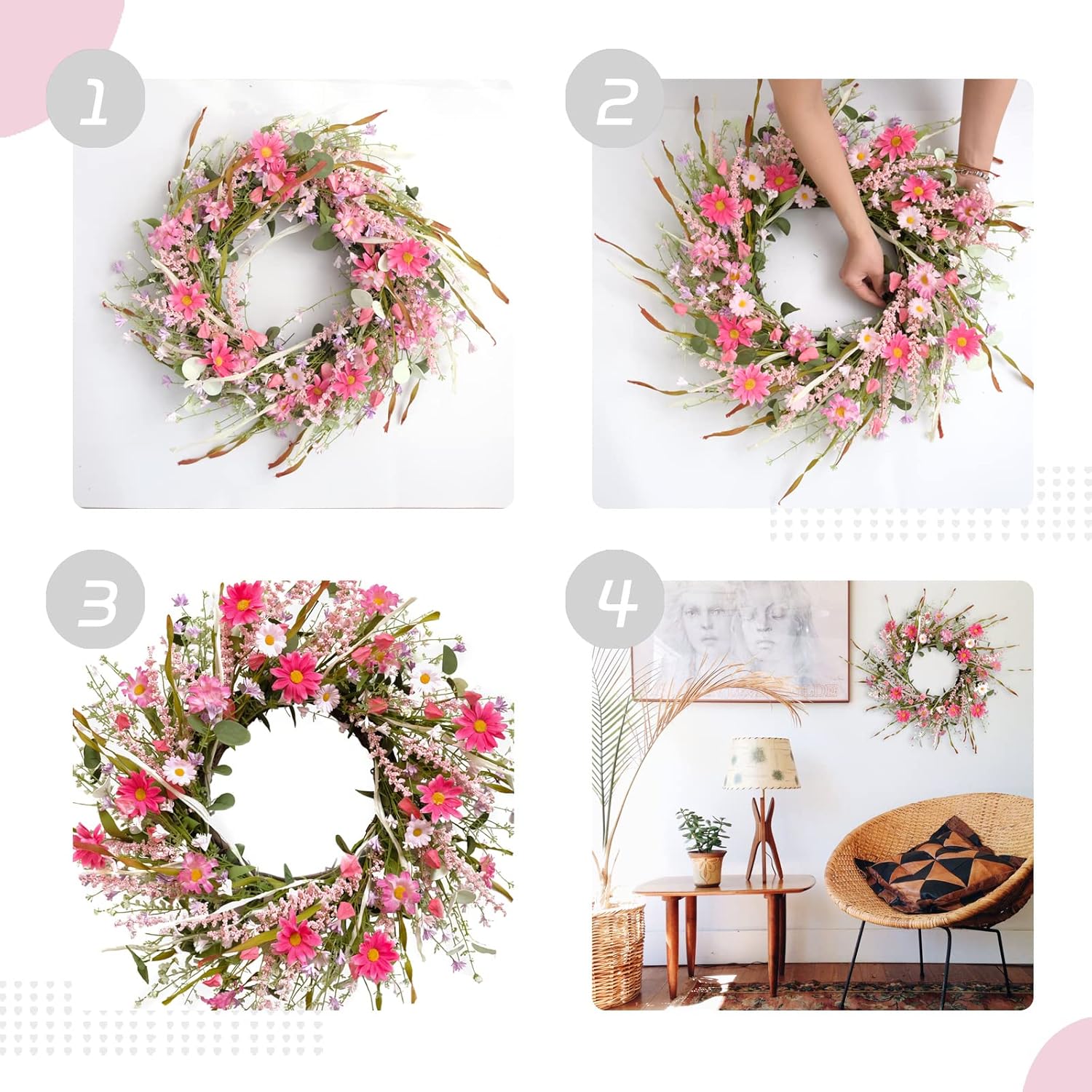 TEMPUS 24 Inch Artificial Spring and Summer for Front Door Wreath Pink Daisy and Lavender Wreath Garden Party Home Wall Wedding Decor