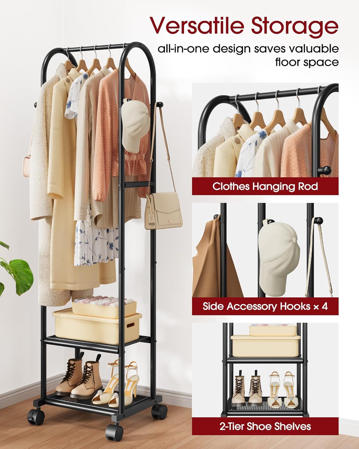 Heavy Duty Premium Clothes Rack with 2-Tier Mesh Shoe Shelves & 4 Hooks, Lockable Wheels, Space-Saving, Multi-Functional for Bedroom, Entryway, Closet, Modern Design, 18.4" x 12.6" x 72", Black