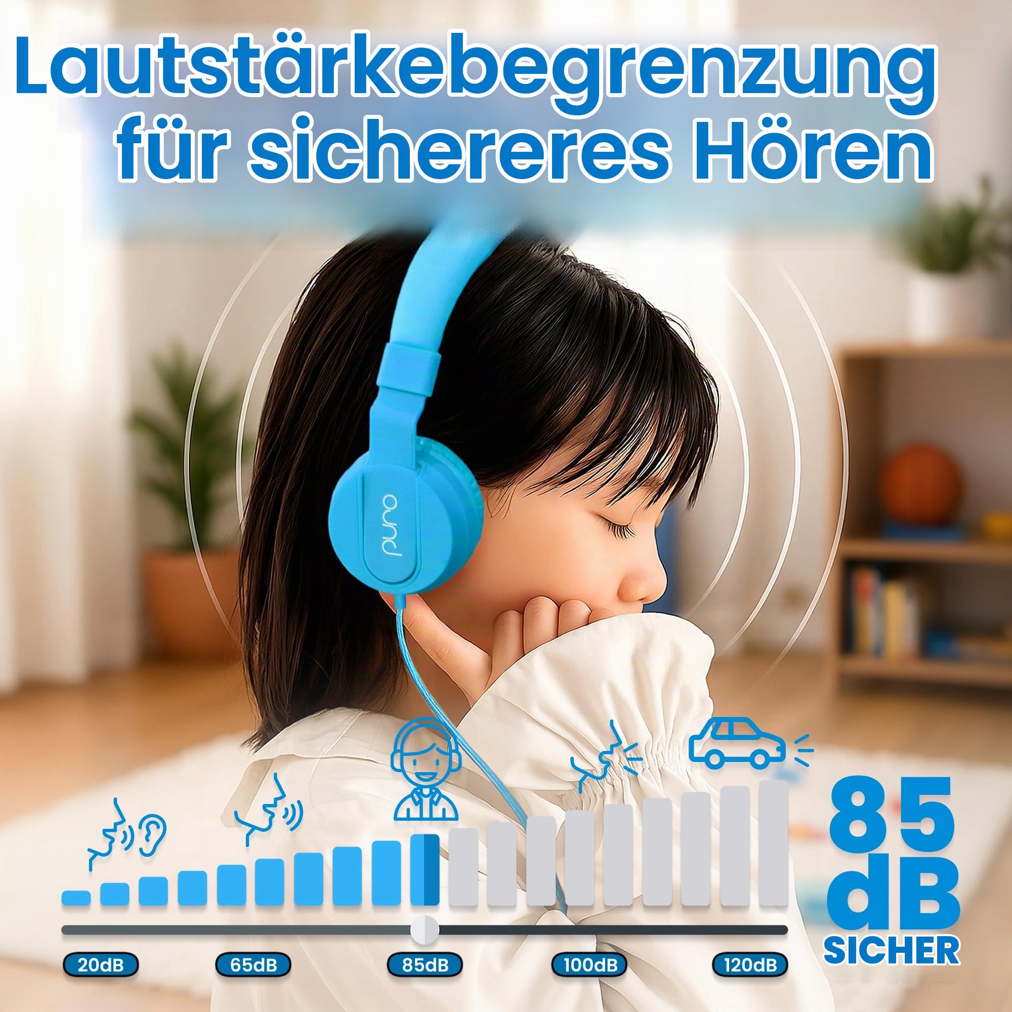 Puro Sound Labs PuroBasic Volume Limiting Wired Headphones for Kids, Boys, Girls 2+ Foldable & Adjustable Headband, Compatible with iPad, iPhone, Android, PC & Mac – By, (Blau)