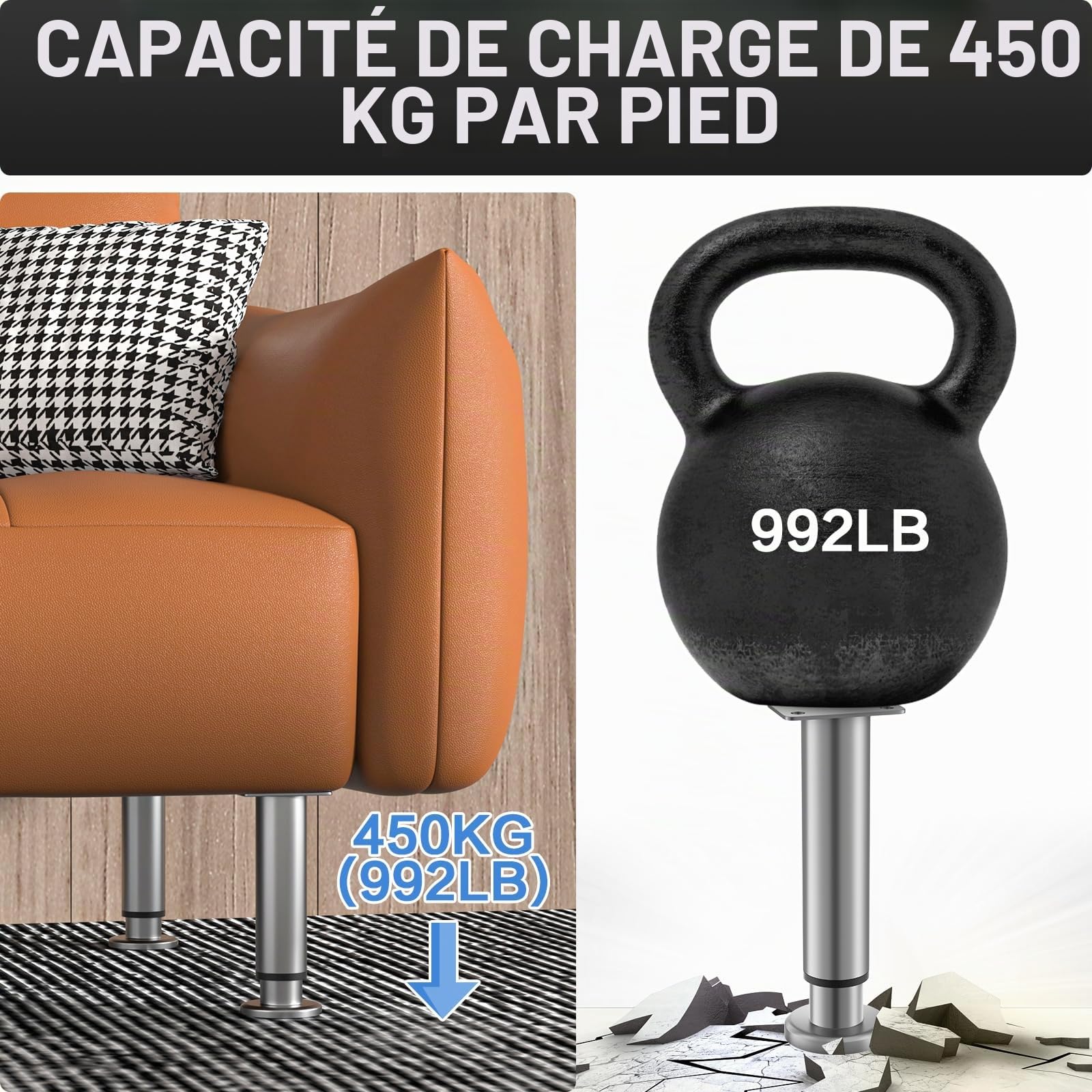 VETIN Lot de 4 pieds de meubles réglables, pieds de meubles réglables en hauteur de 20-37cm, pieds de meubles en métal inoxydable, pieds de meubles pour armoire, meuble TV, lit, canapé, table de nuit